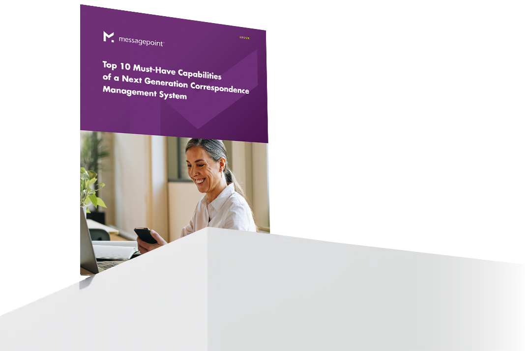 Woman working on laptop with correspondence management system brochure titled "Top 10 Must-Have Capabilities".