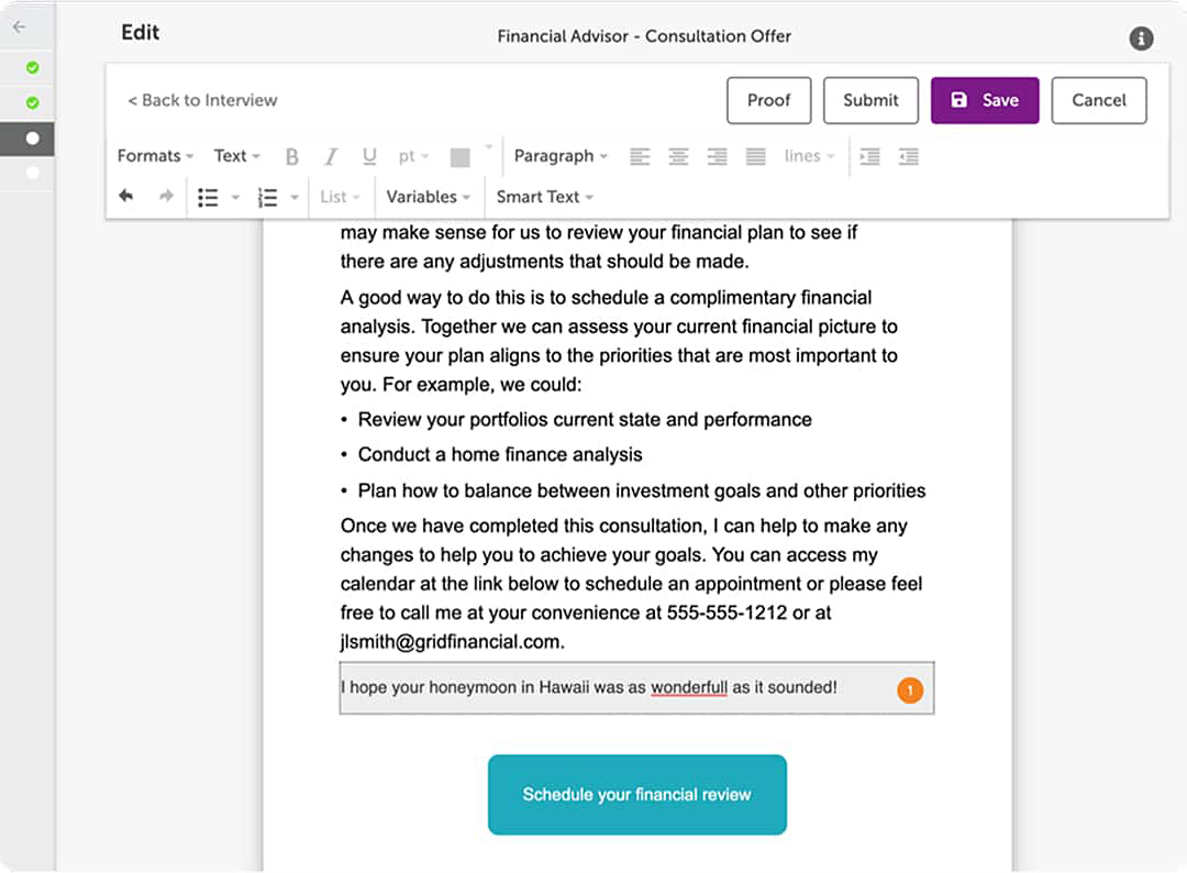 Financial advisor consultation offer text box with review and analysis options on computer screen interface