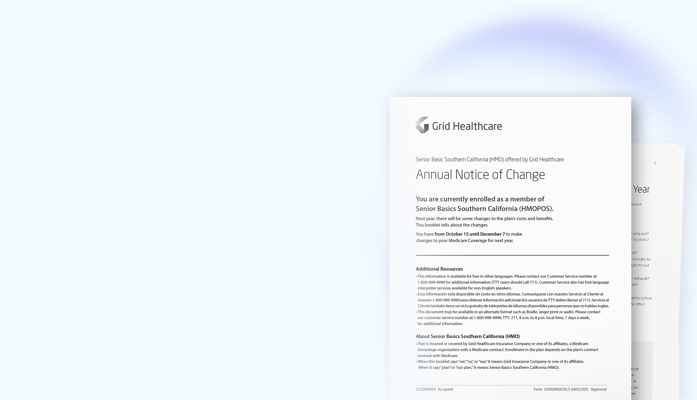 Annual Notice of Change document from Grid Healthcare for Senior Basics Southern California HMO members.