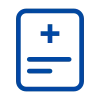 Blue medical document icon with a plus sign and horizontal lines.