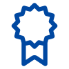 Blue award ribbon icon with a scalloped edge and a ribbon tail.