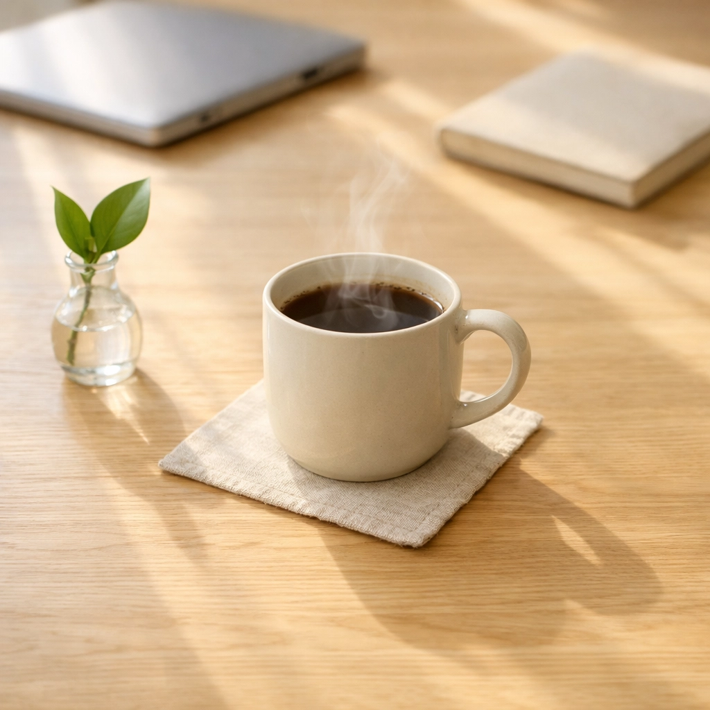 Minimalist workspace with a small plant and coffee mug representing mental clarity and professional focus.