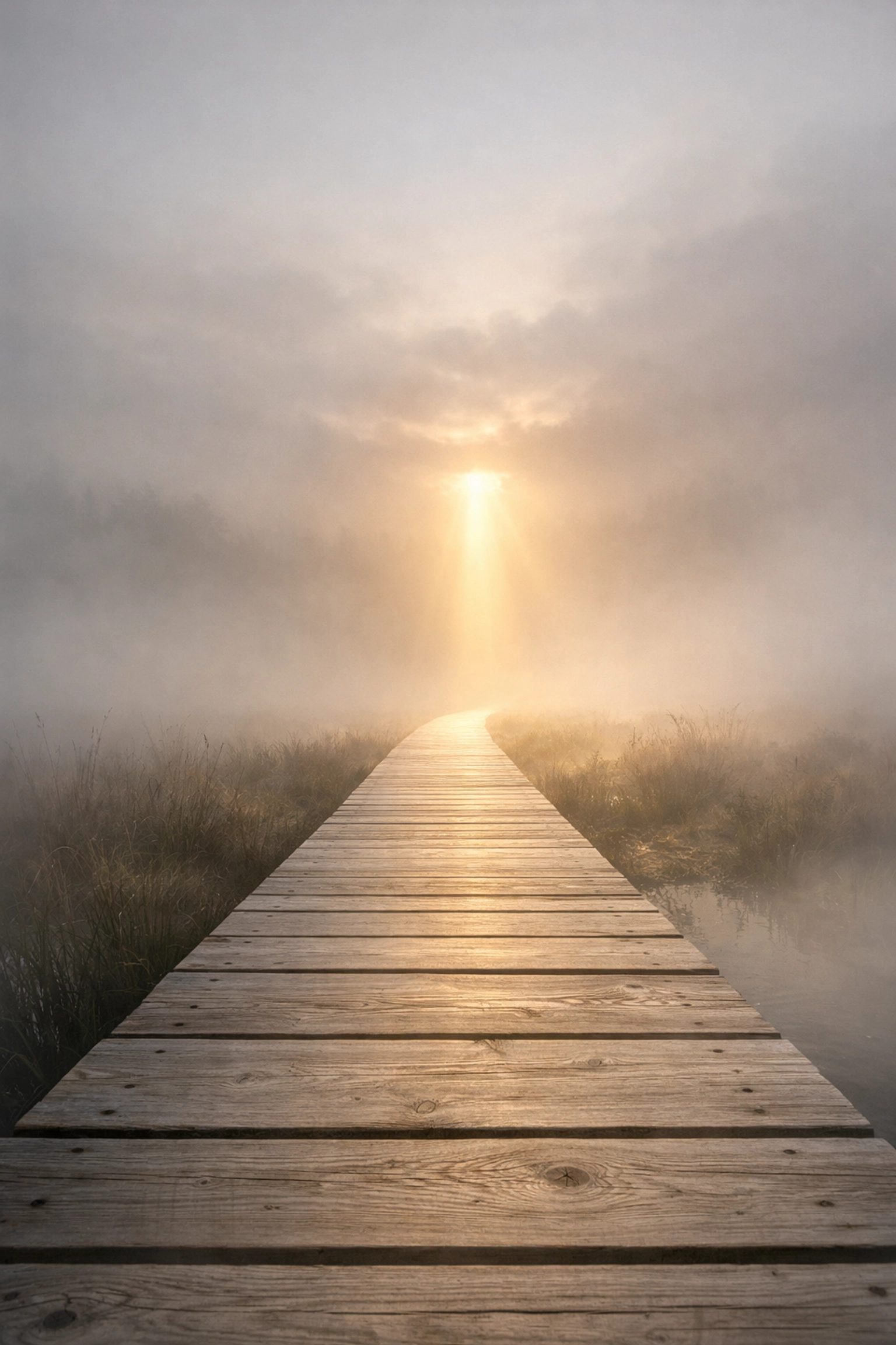 A clear wooden path leading through mist into sunlight, representing clarity in professional communication.
