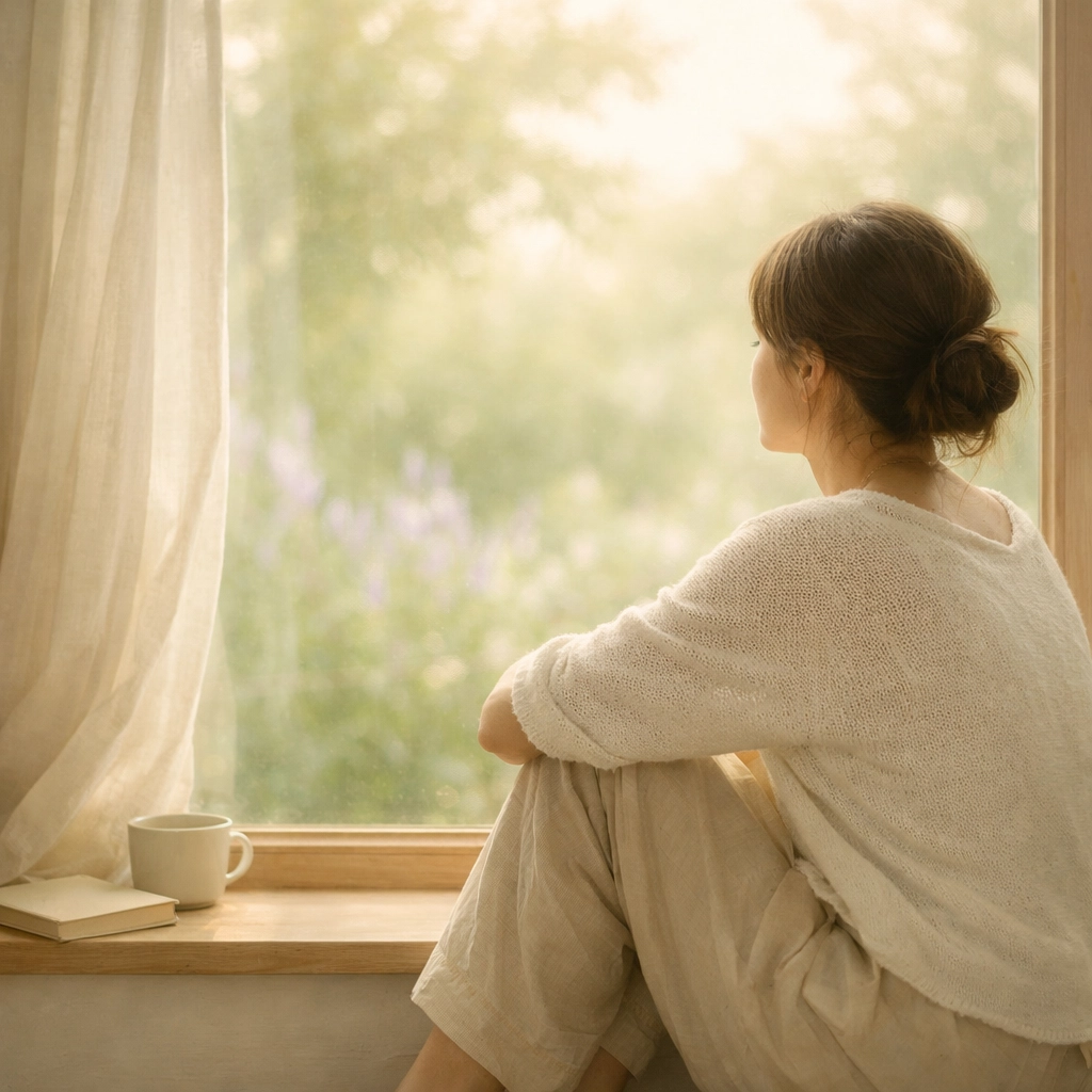 A person looking out a window at a garden, illustrating emotional regulation and the window of tolerance.