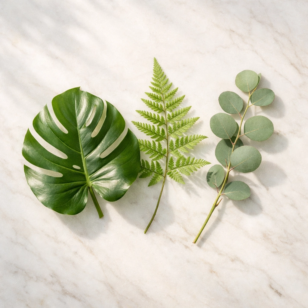 Diverse botanical leaves on marble, representing inclusive and multifaceted LGBTQ+ mental health care.