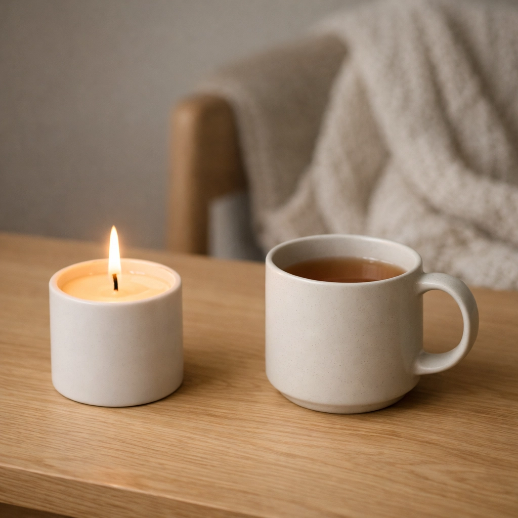 A candle and cup of tea signifying grounding rituals to separate work from home life.