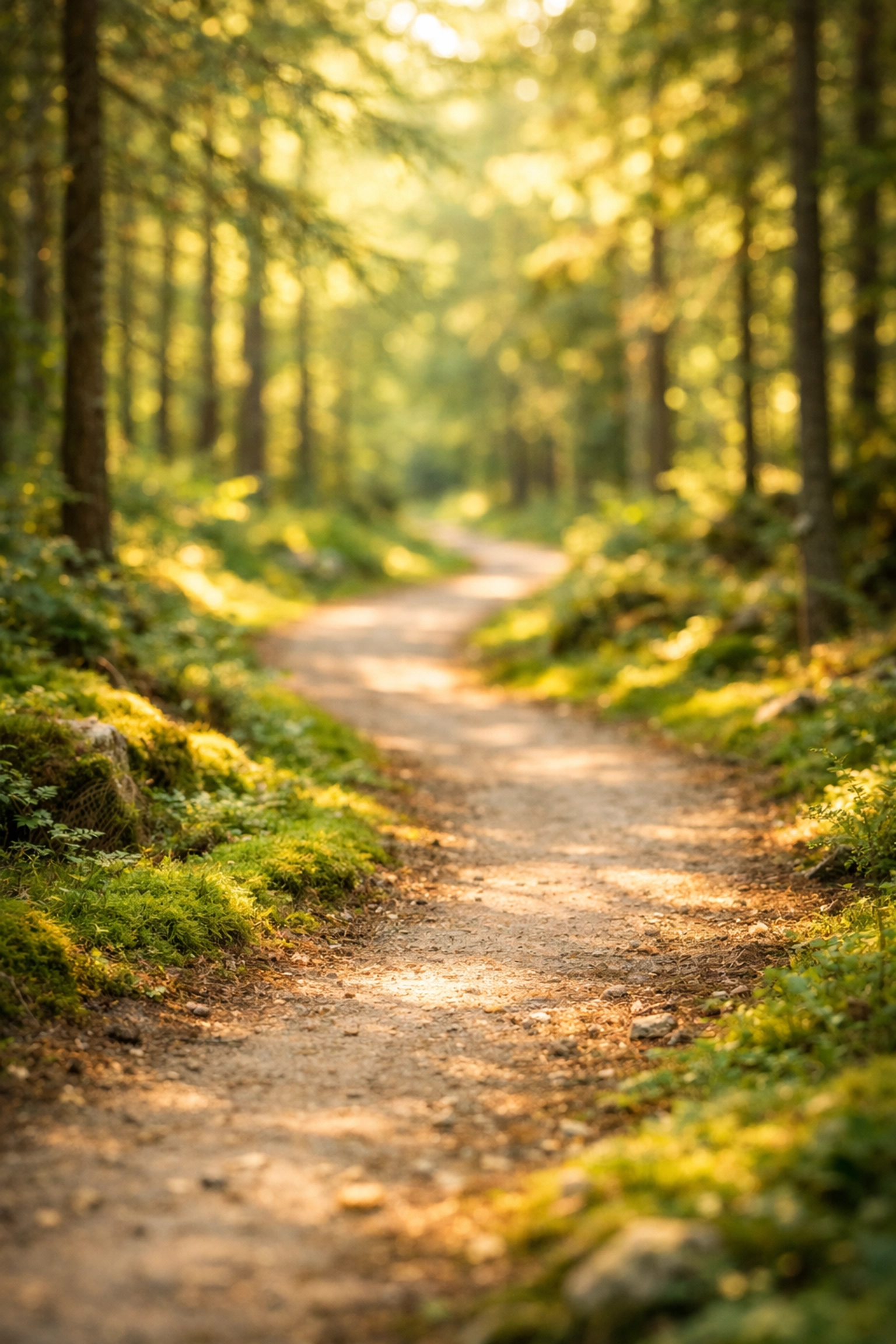 A tranquil forest path representing mindful walking for somatic stress release and wellness.