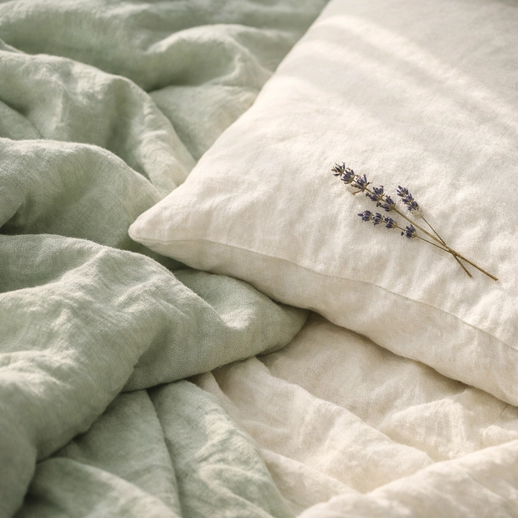 Soft linen bedding and lavender sprig for restorative sleep after a high-pressure work week.