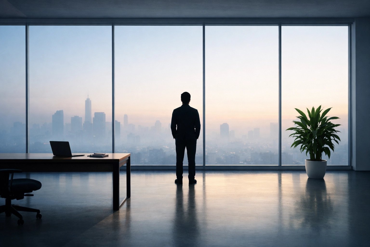 A professional reflecting in a quiet office, illustrating the internal struggle of imposter syndrome.