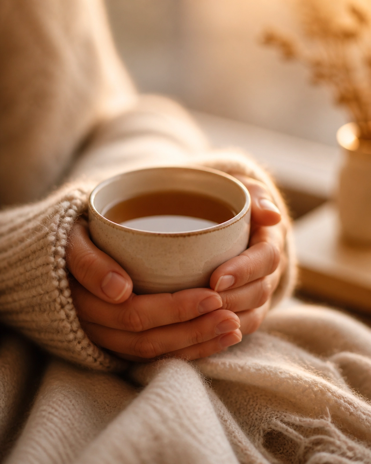 A close-up of hands holding a warm cup of tea, representing intentional rest and grounding