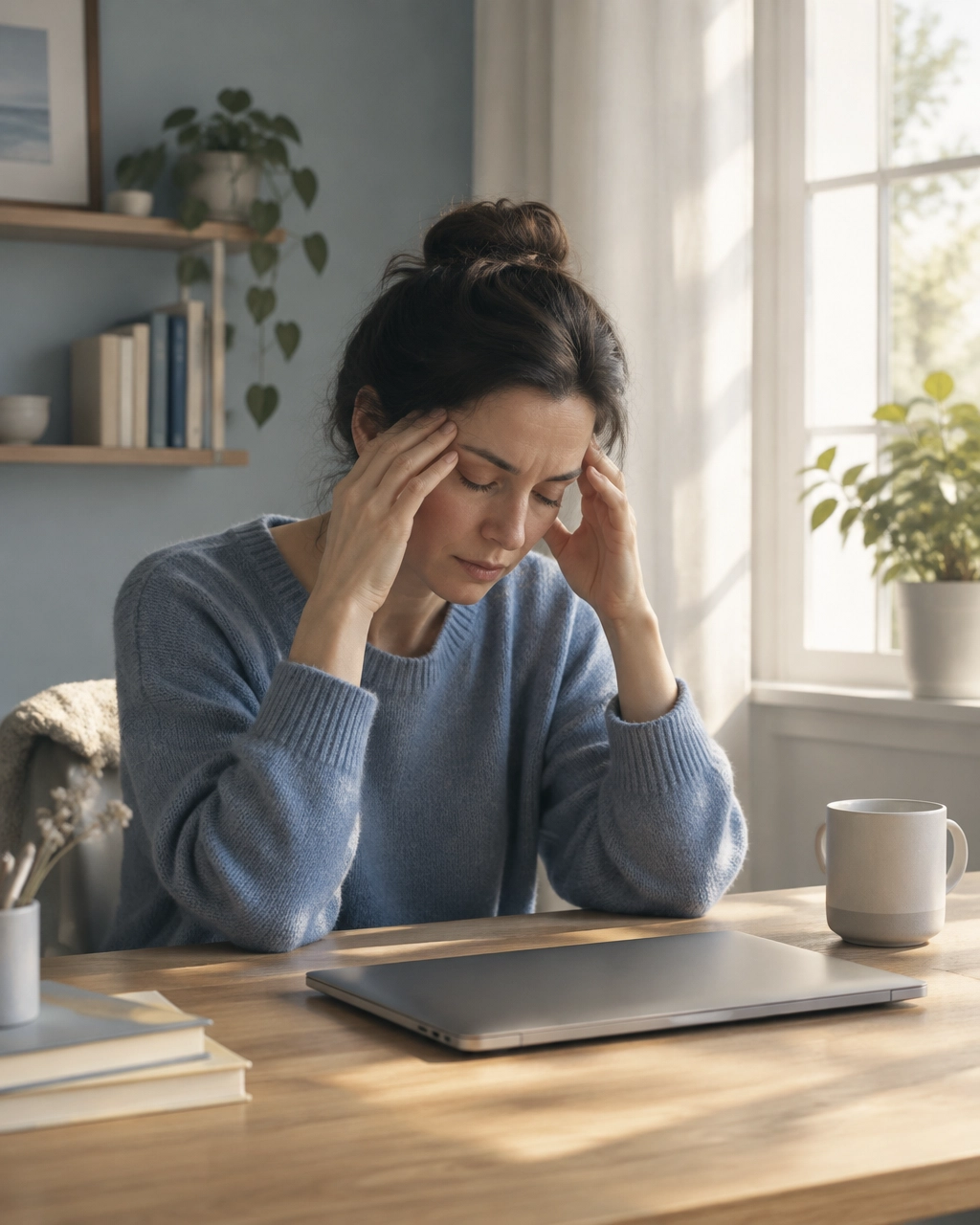 Professional adult at a desk with a closed laptop, reflecting during a quiet moment