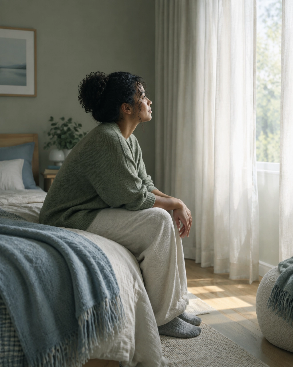 Adult sitting quietly in a softly lit bedroom and looking toward natural light