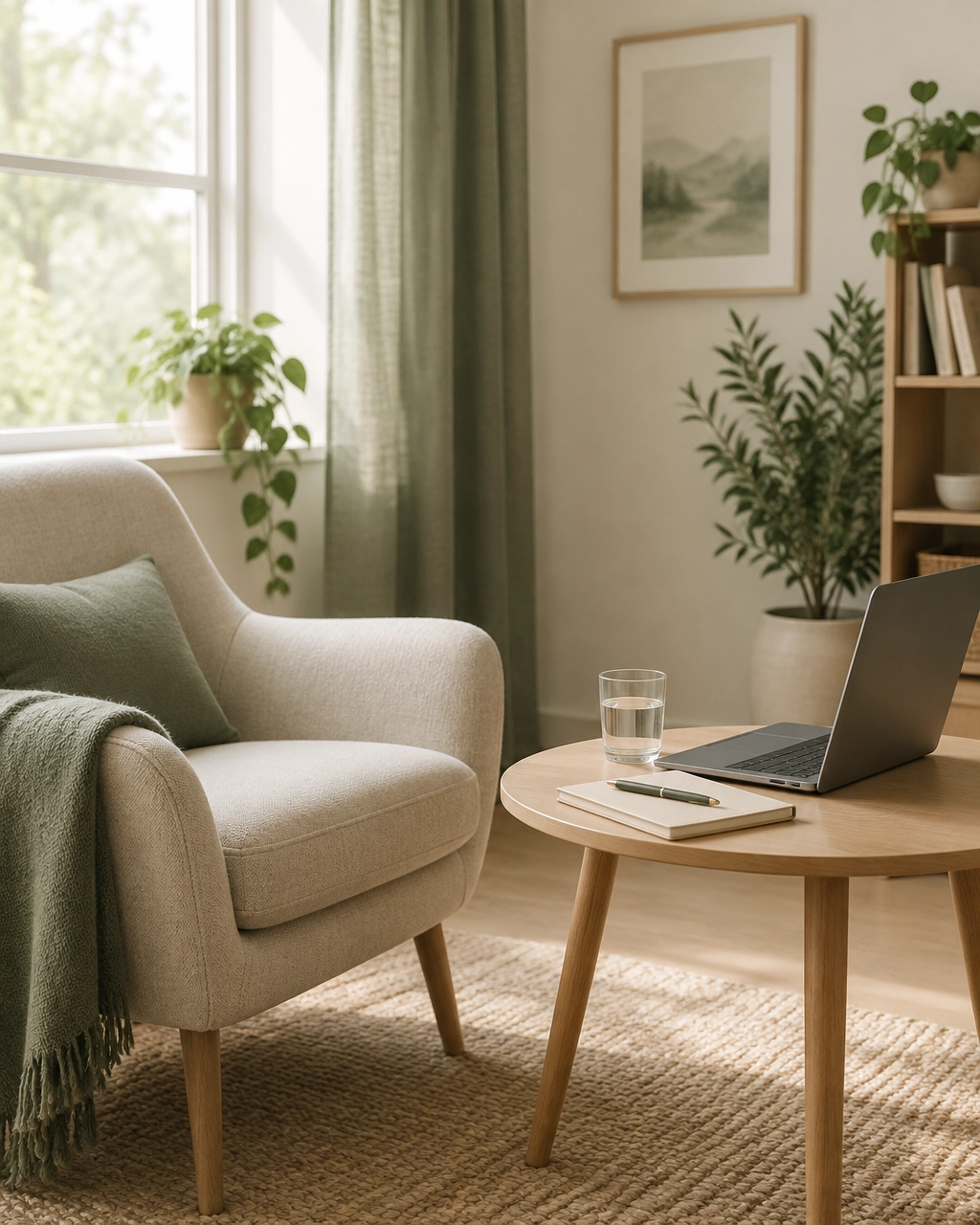 Minimalist therapy space with a laptop, notebook, and glass of water prepared for a virtual session