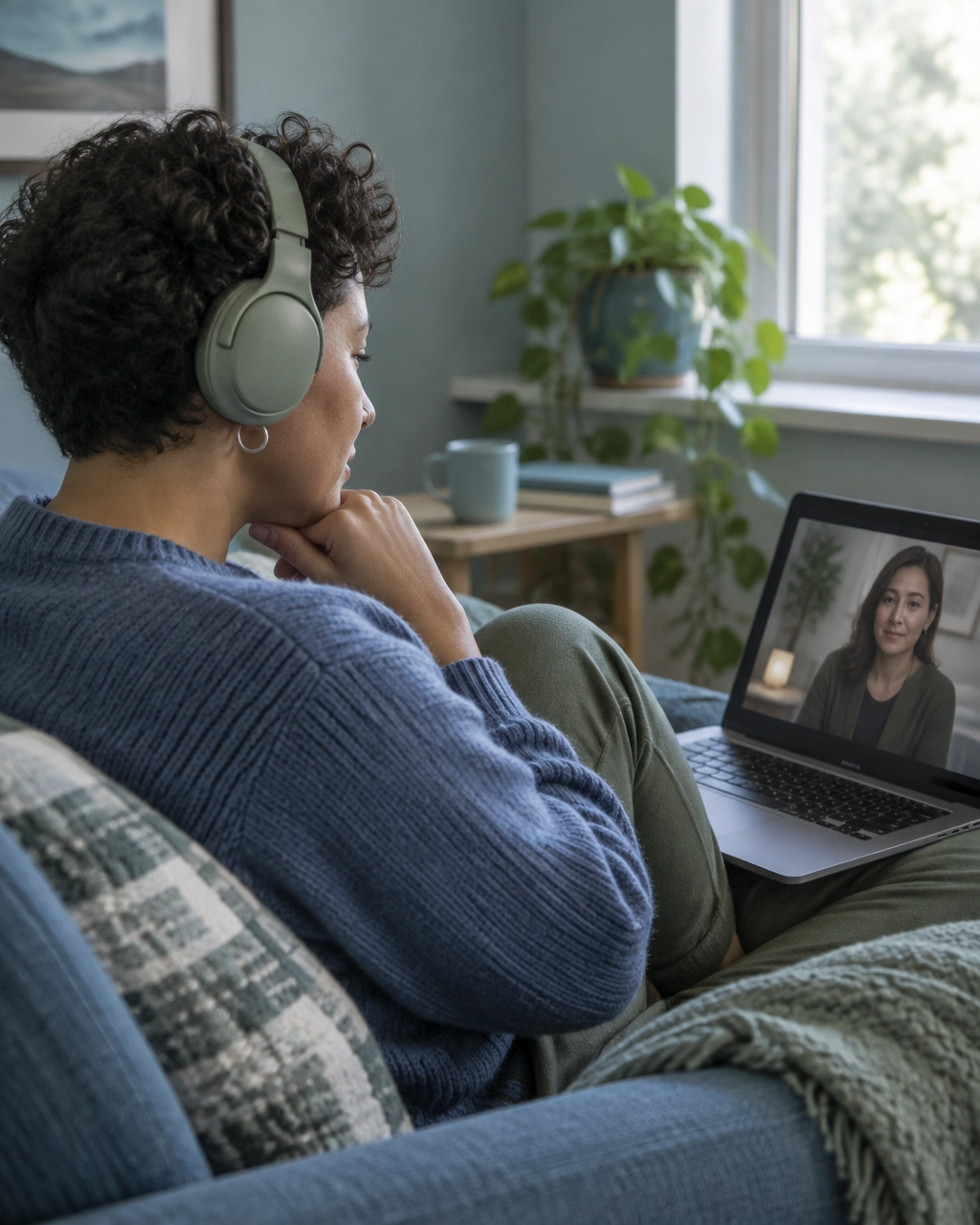 Diverse adult participating in a private virtual counseling session from a calm home environment