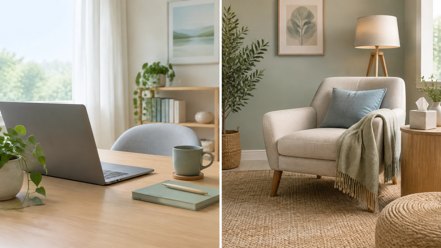 Peaceful balance between virtual and in-person therapy spaces with soft natural light and muted calming tones