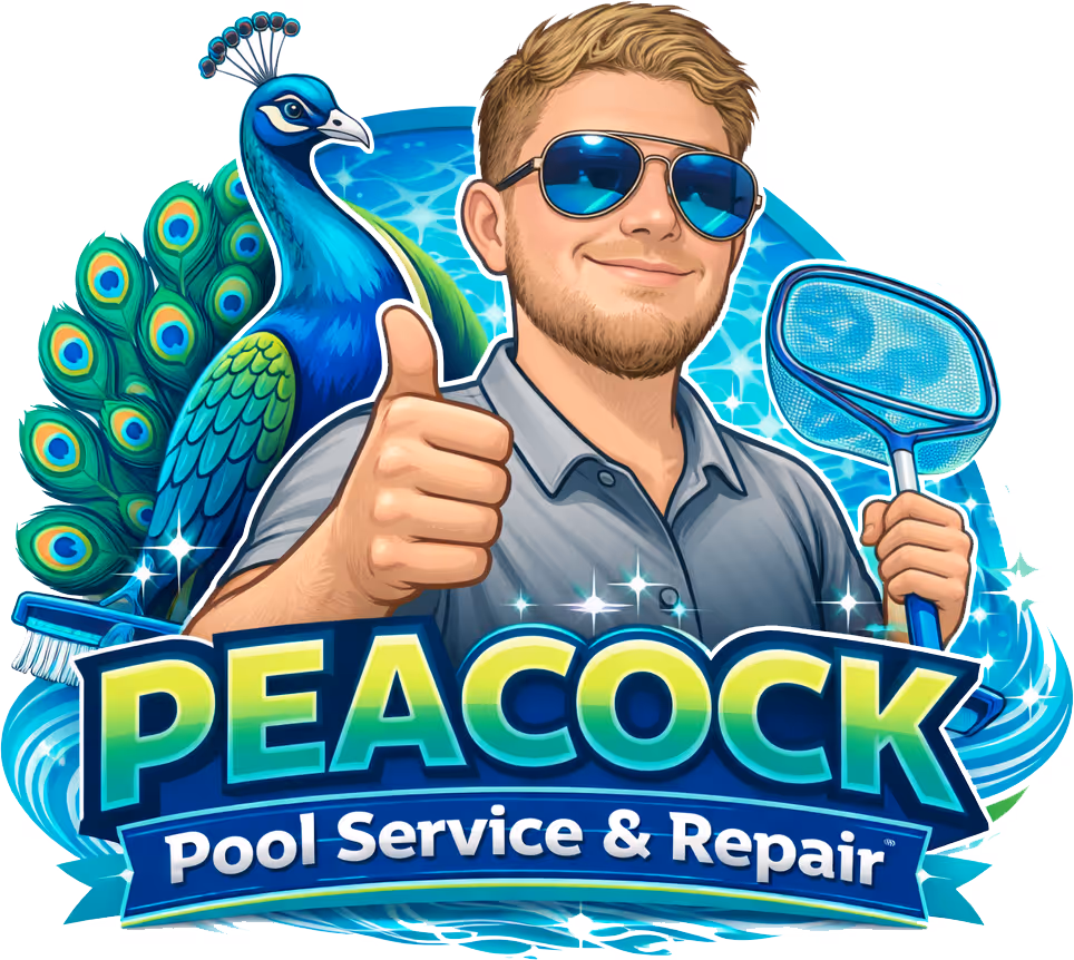 Logo of a man wearing sunglasses giving a thumbs up with a peacock and pool cleaning tools behind him, with text 'Peacock Pool Service & Repair'.