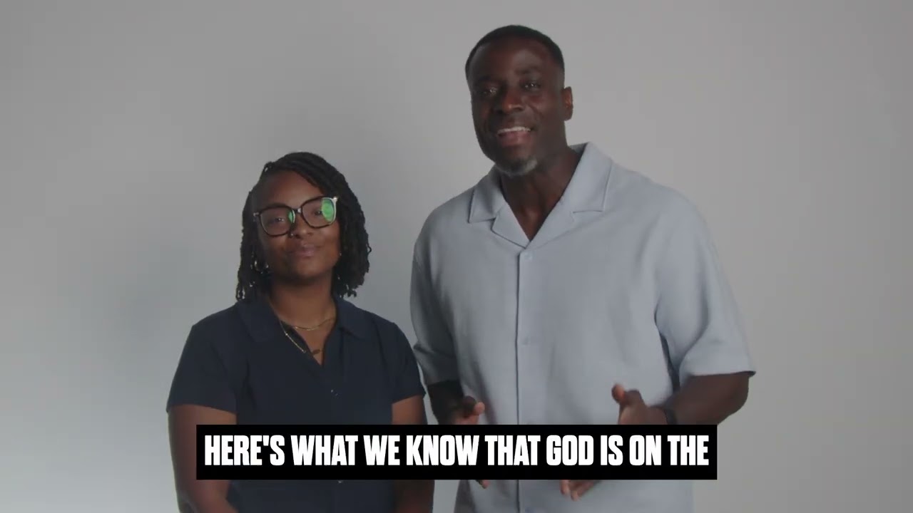 A man and a woman stand side by side against a plain gray background with a subtitle reading: "HERE'S WHAT WE KNOW THAT GOD IS ON THE." The woman wears glasses and a dark shirt, the man wears a light-colored shirt and gestures with his hands.