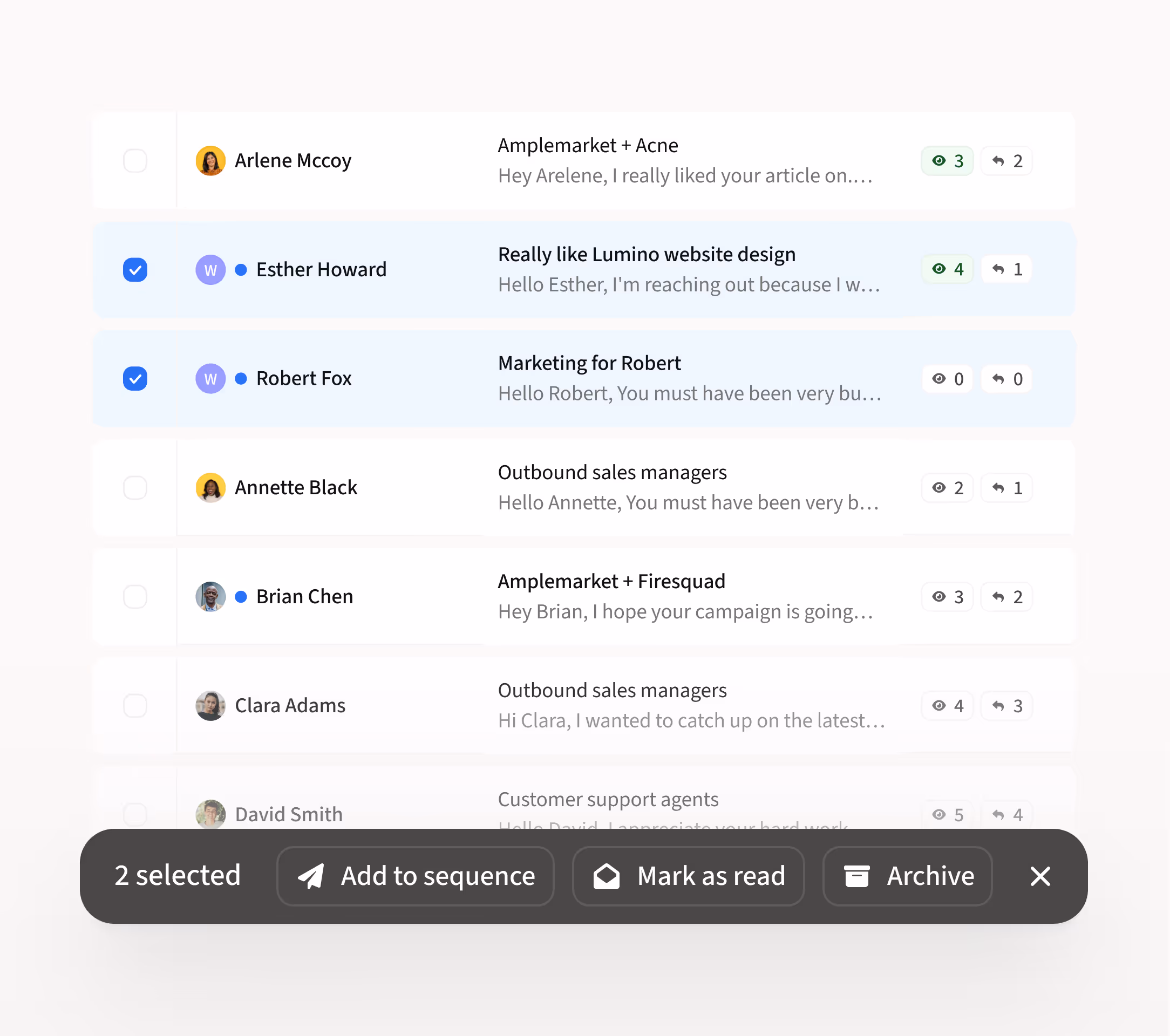Product screen displaying a list of messages/emails inside of Amplemarket's Unibox, with visible bulk action options