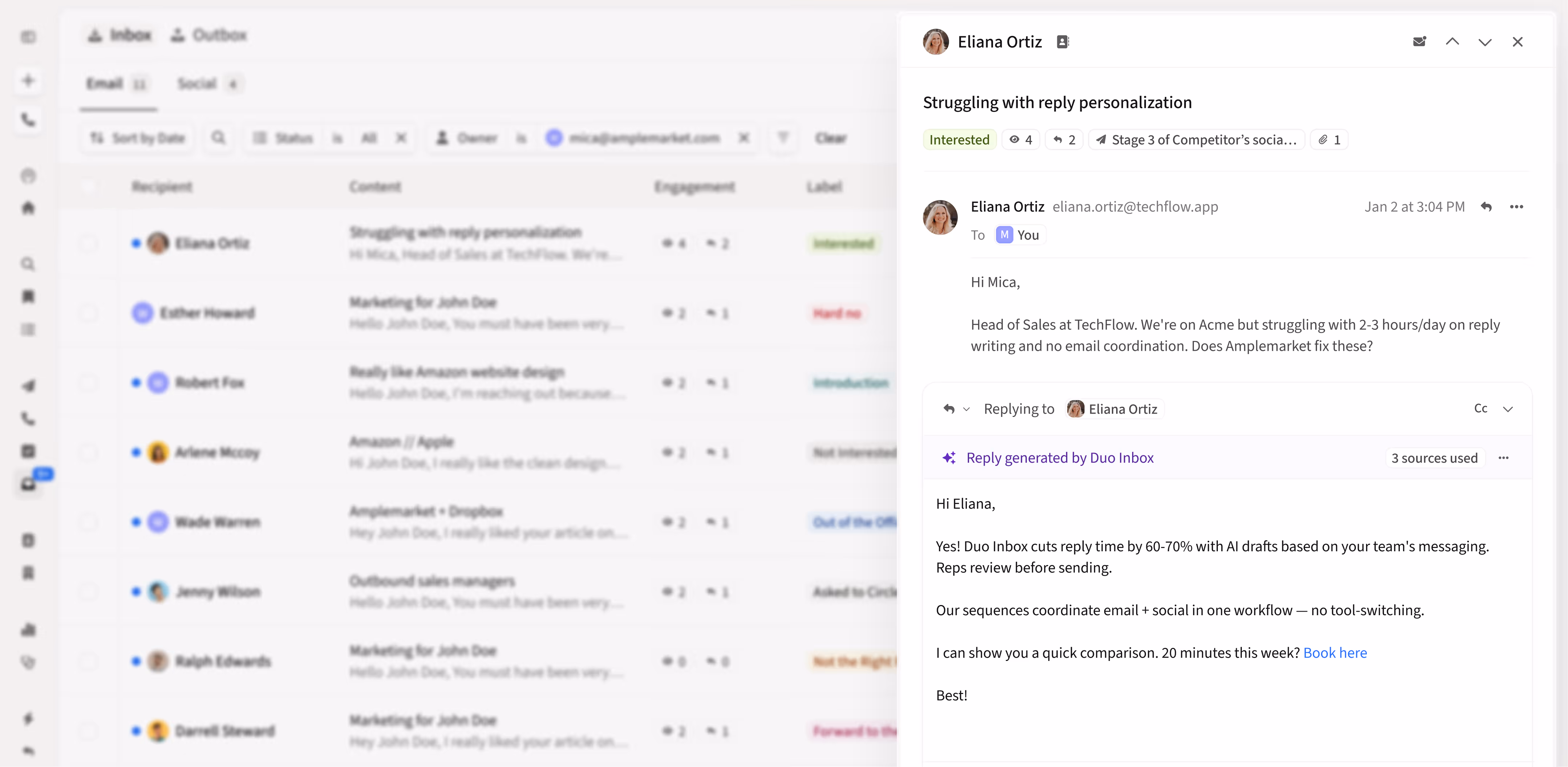 Product screen displaying Amplemarket's Duo Inbox in action inside Amplemarket's Unibox