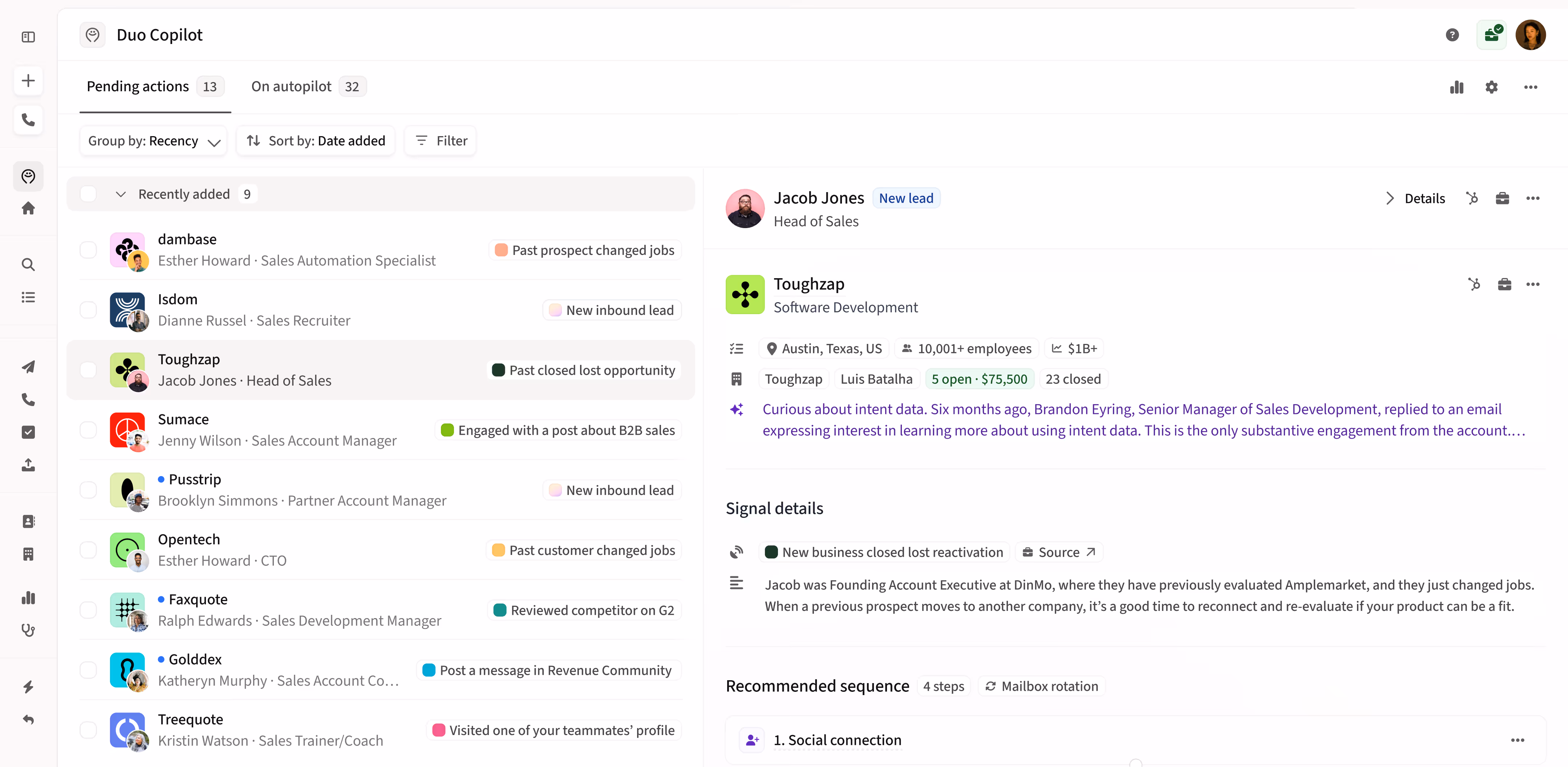 Product screen displaying Amplemarket's Duo Inbox in action inside Amplemarket's Unibox