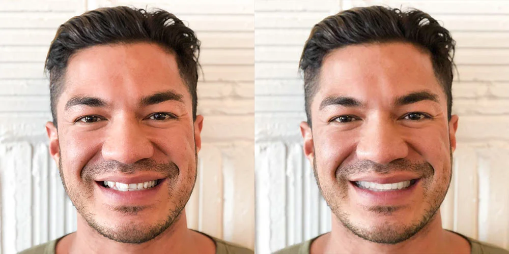 Before and After picture of a man with a mustache smiling for the camera.