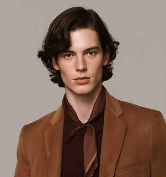 Portrait of a young person with medium-length dark hair wearing a brown blazer and a dark brown top with a matching scarf tied at the neck.