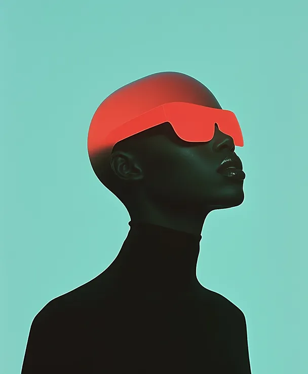 Profile of a person with dark skin wearing a black turtleneck and large red futuristic glasses against a light teal background.