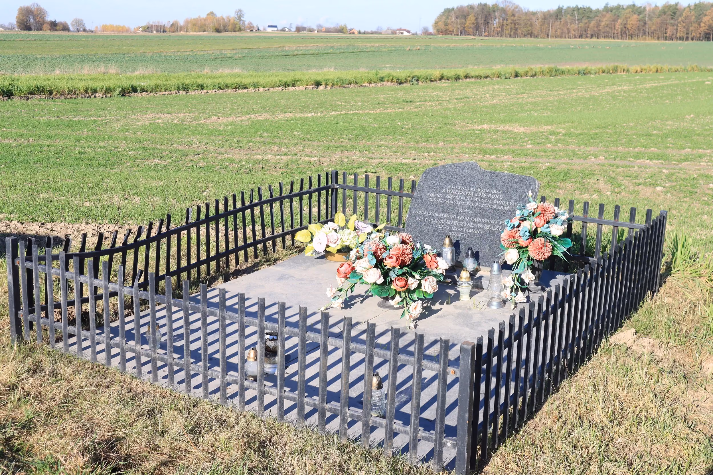 Ogrodzone miejsce pamięci na polu uprawnym z kamiennym pomnikiem, kwiatami i zniczami, upamiętniające miejsce zestrzelenia polskiego samolotu PZL P.23 Karaś w 1939 roku.