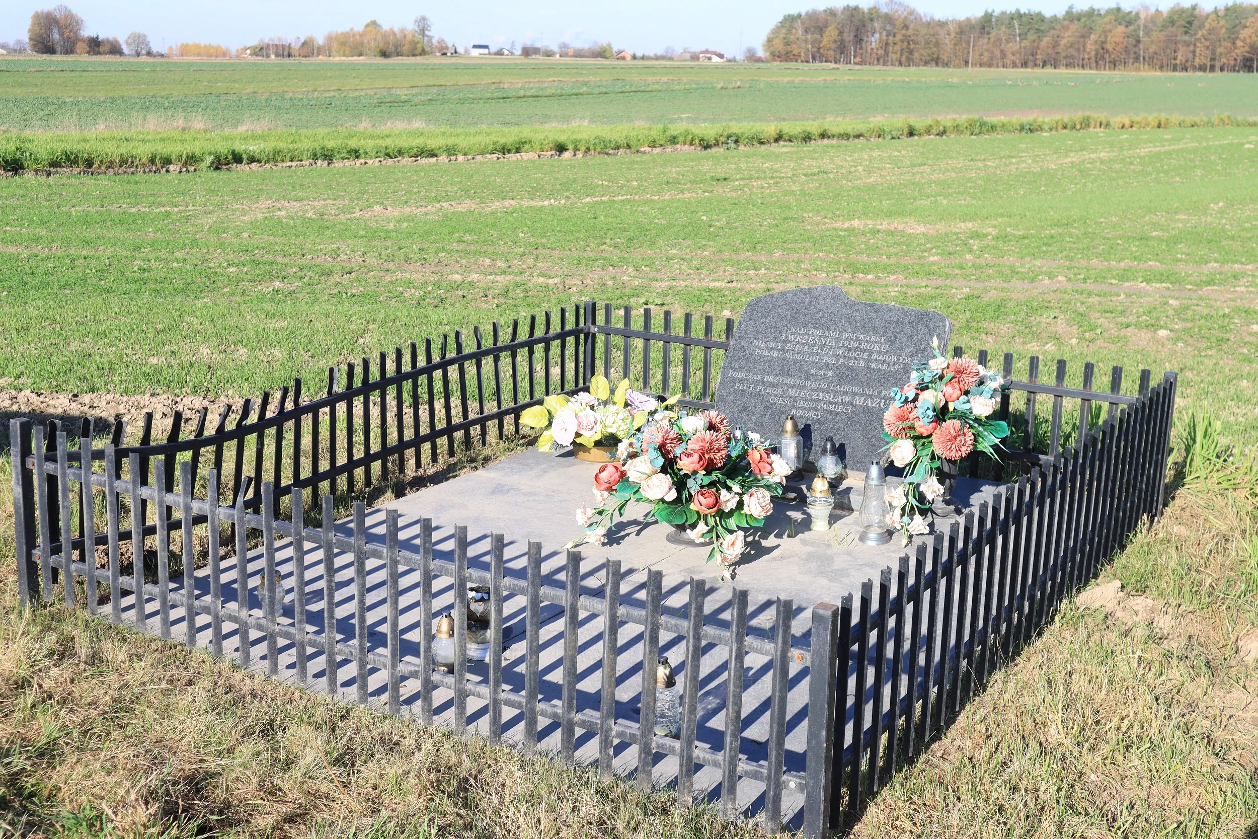 Ogrodzone miejsce pamięci na polu uprawnym z kamiennym pomnikiem, kwiatami i zniczami, upamiętniające miejsce zestrzelenia polskiego samolotu PZL P.23 Karaś w 1939 roku.