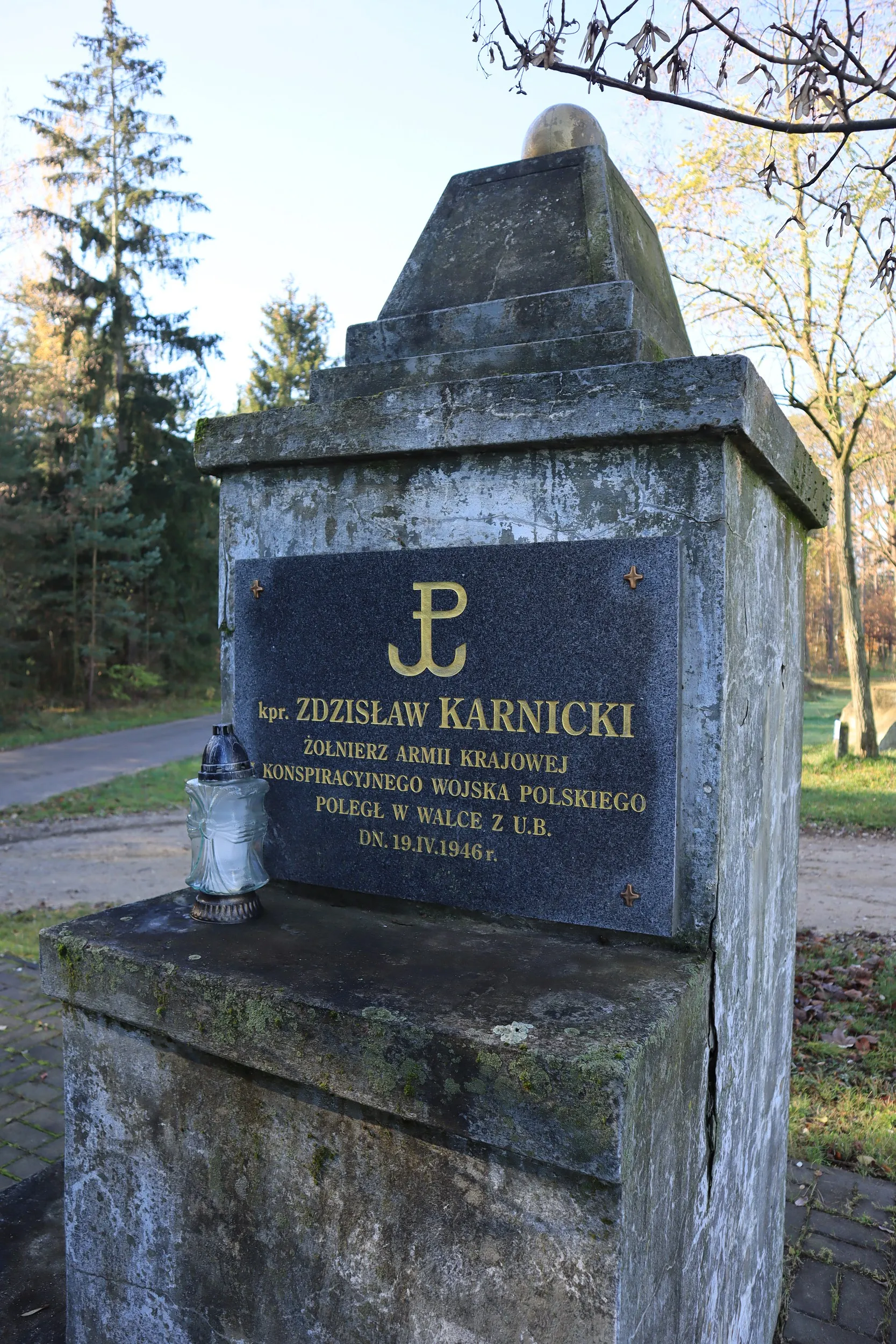 Widok całego pomnika z betonowym cokołem zwieńczonym kulą. Na froncie znajduje się tablica poświęcona kapralowi Januszowi „Newadzie”, żołnierzowi Armii Krajowej poległemu w 1945 roku. U podstawy ustawiono znicze. W tle widoczne są pola i domy