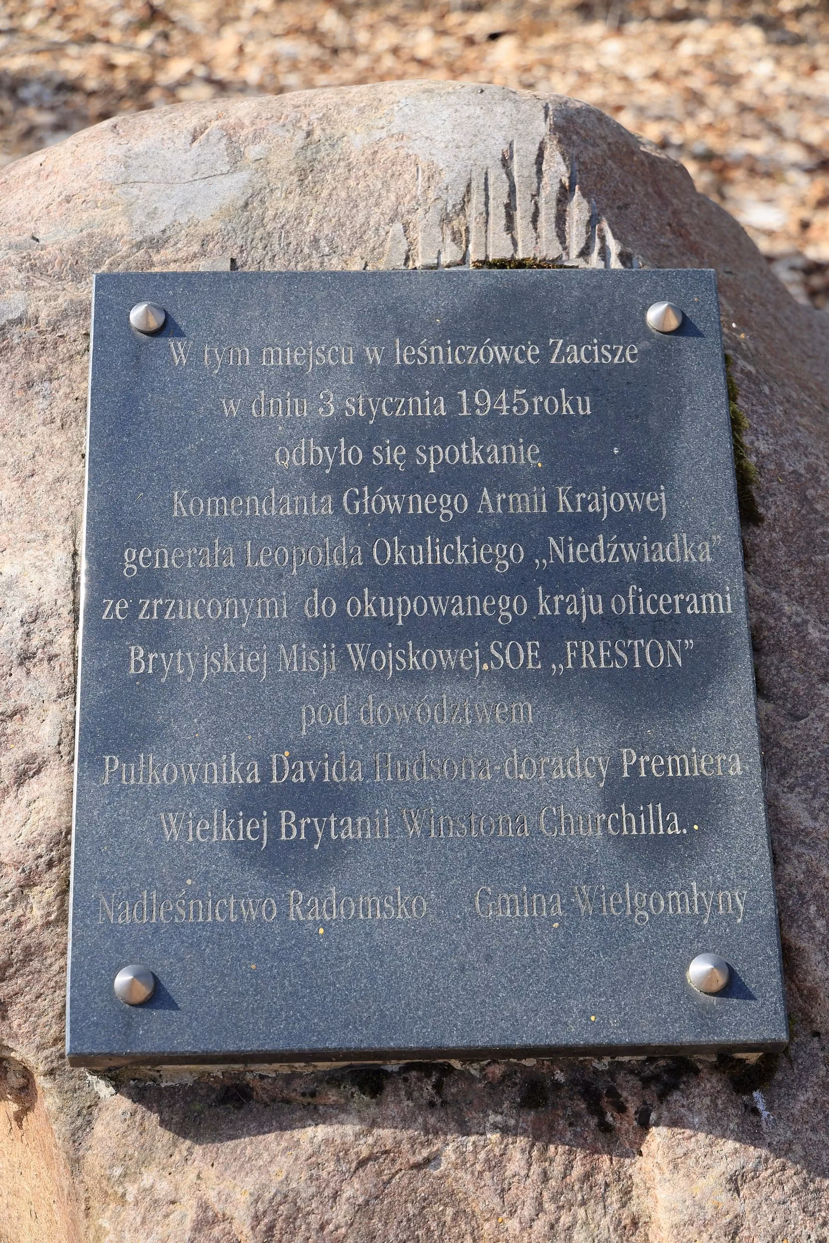 Zbliżenie na tablicę umieszczoną na granitowym głazie. Inskrypcja informuje, że 3 stycznia 1945 roku w leśniczówce Zacisze odbyło się spotkanie komendanta głównego Armii Krajowej generała Leopolda Okulickiego „Niedźwiadka” z oficerami brytyjskiej misji 