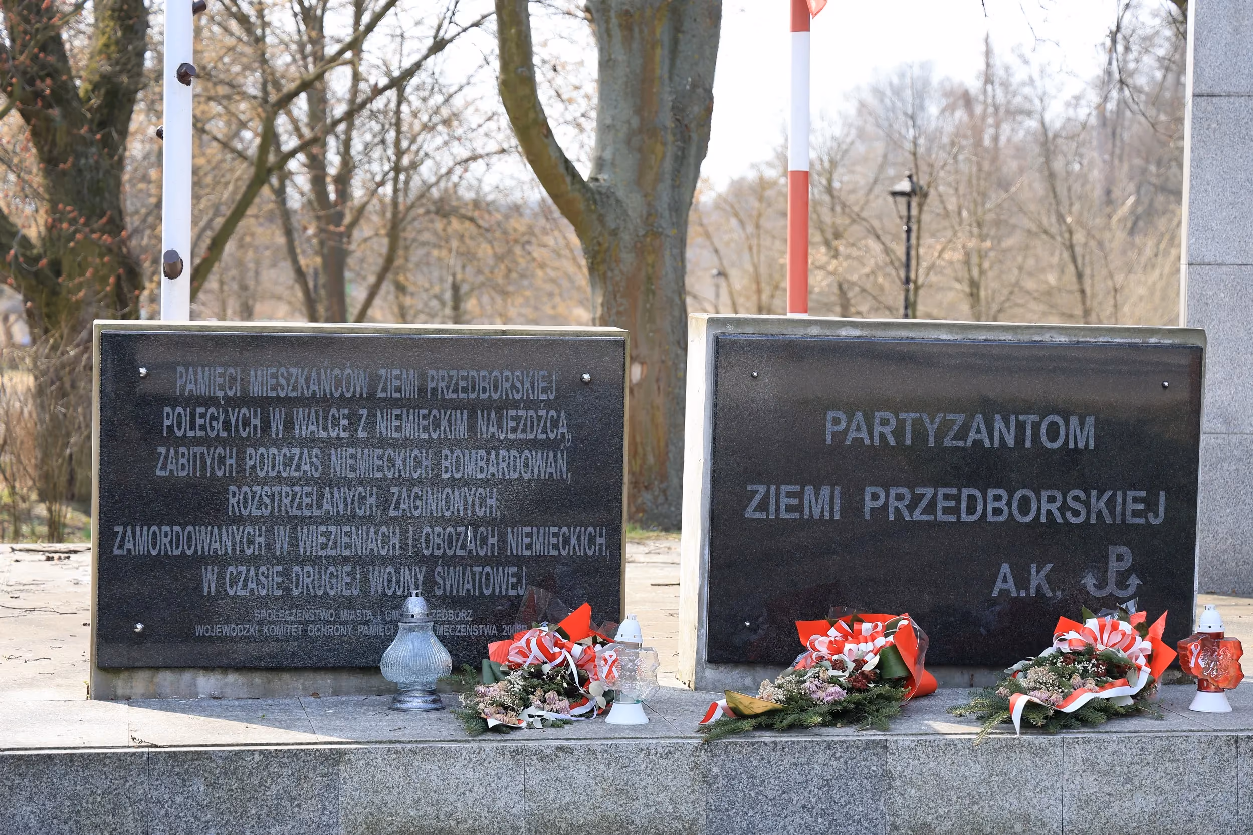 Dwie czarne tablice pamiątkowe poświęcone mieszkańcom ziemi przedborskiej oraz partyzantom Armii Krajowej. Przed tablicami znajdują się biało-czerwone wiązanki i znicze.
