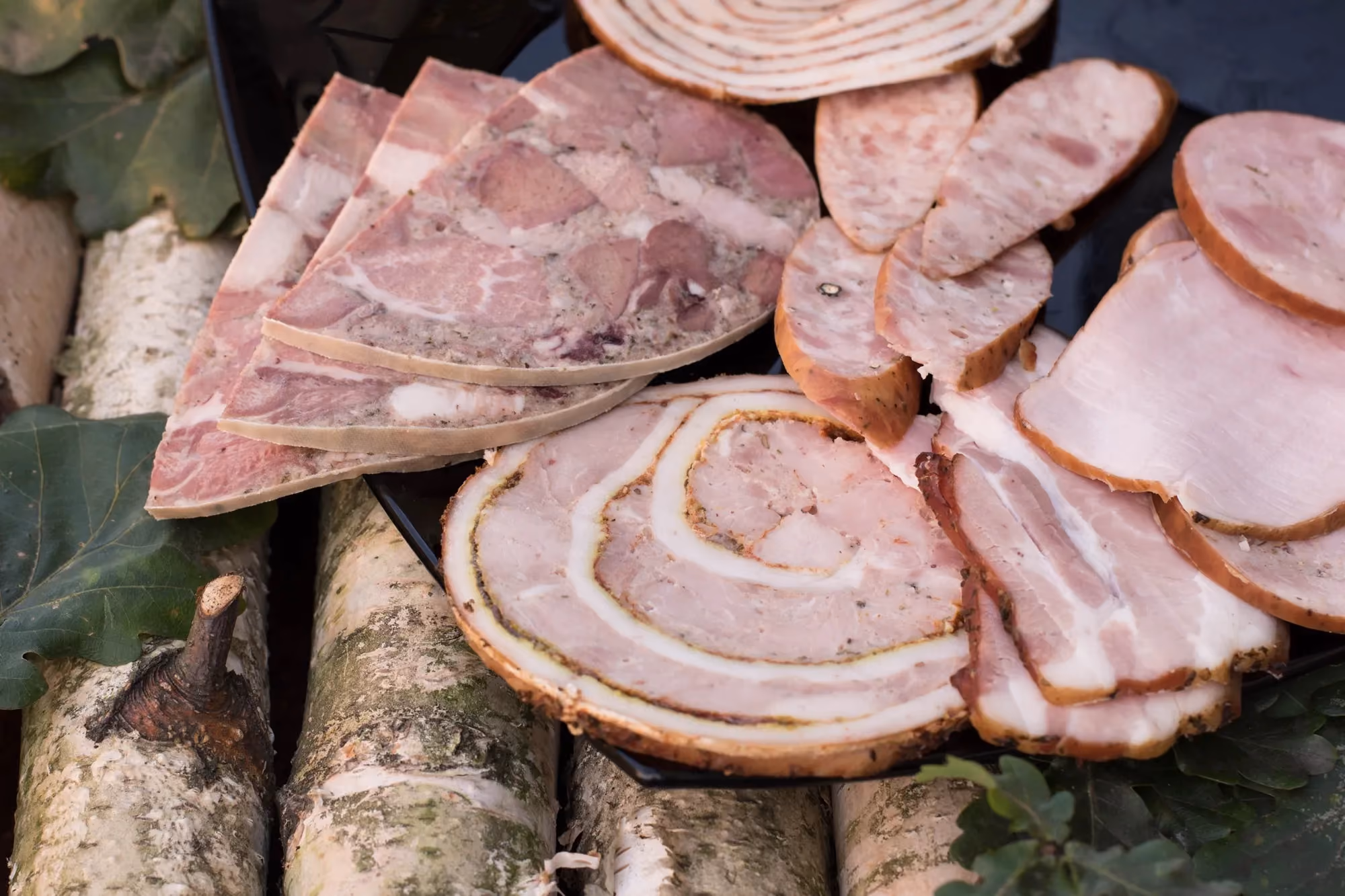 Plastry różnych wędlin, w tym salcesonu, rolowanej rolady, boczku i szynki, ułożone na czarnym półmisku. Tło stanowią brzozowe polana i zielone liście dębu.