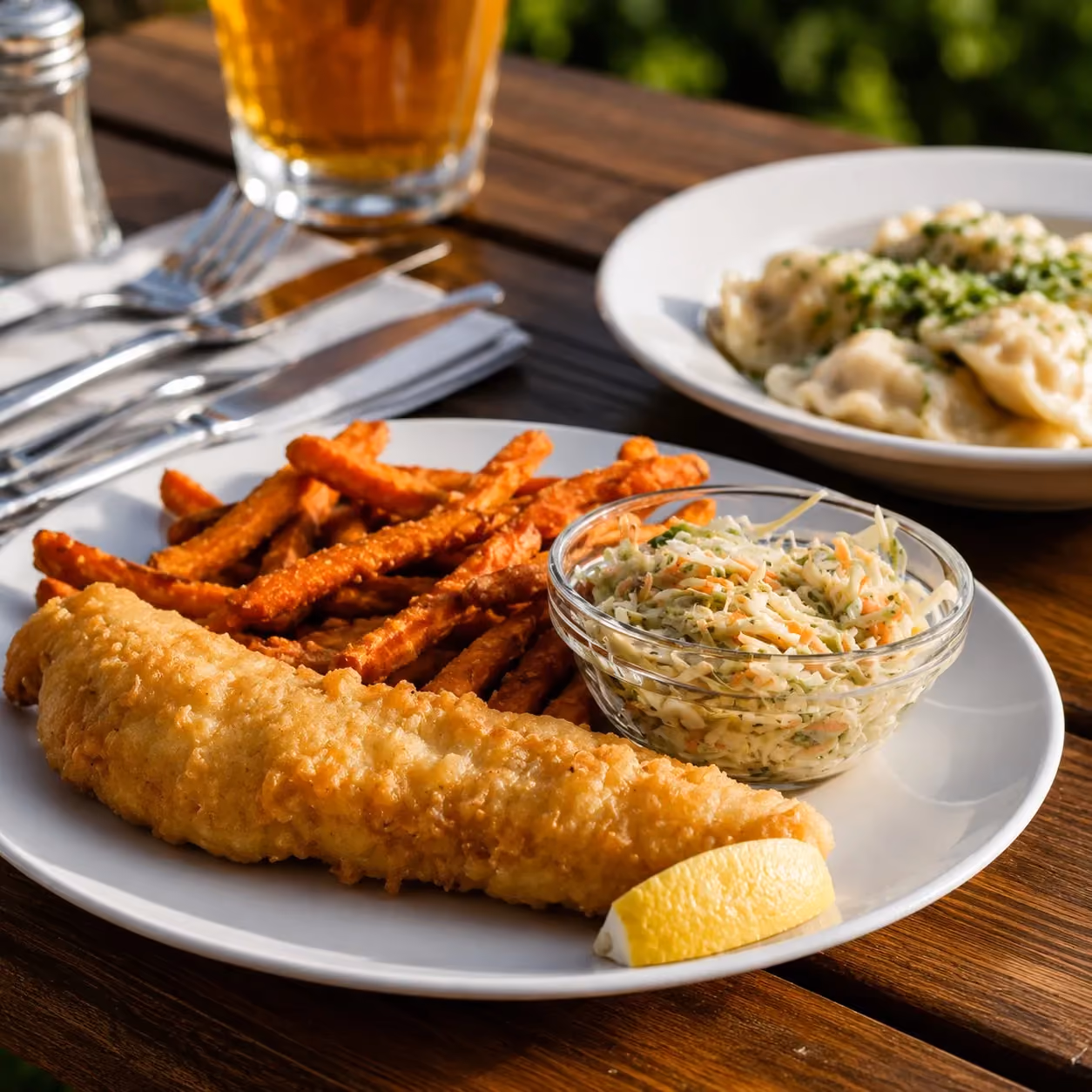 Smażony filet rybny z frytkami i surówką serwowany w Restauracji Bocianie Gniazdo