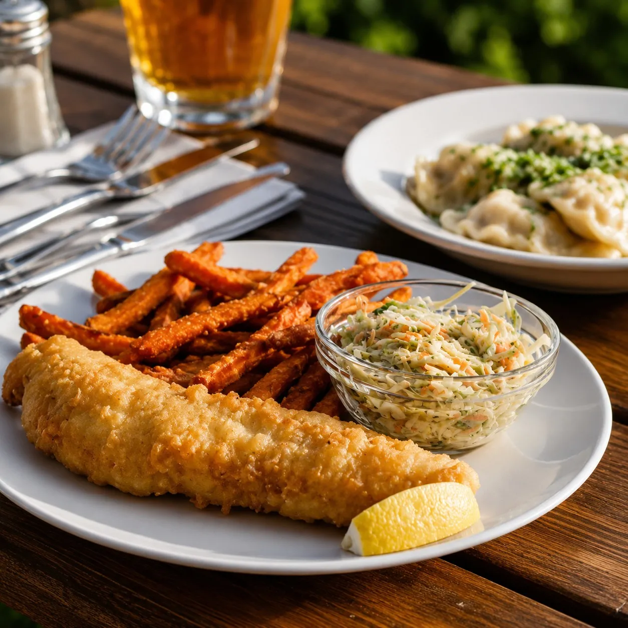 Smażony filet rybny z frytkami i surówką serwowany w Restauracji Bocianie Gniazdo