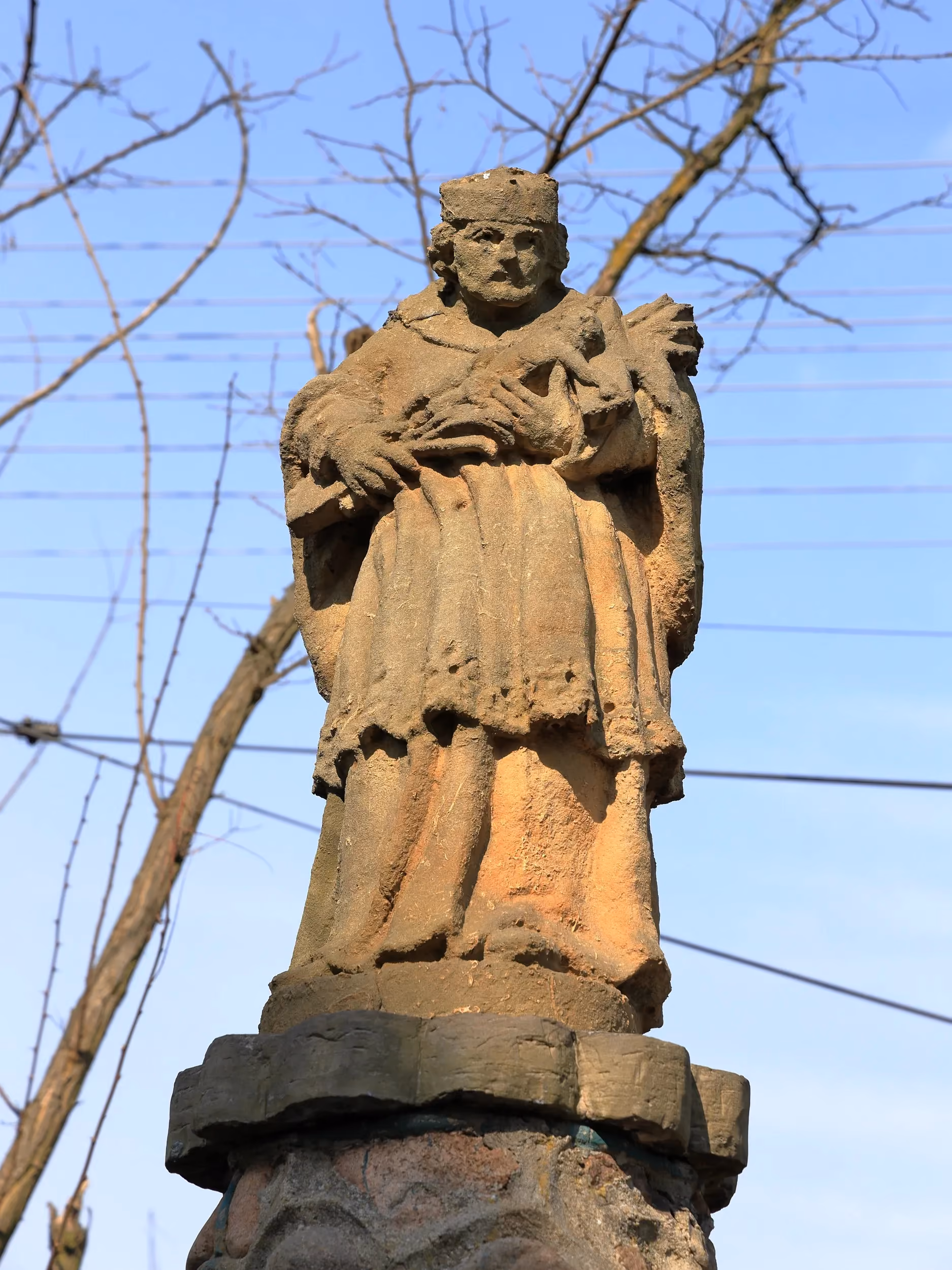 Kamienna figura świętego ustawiona na ozdobnym postumencie. W tle widoczne są gałęzie drzew i niebo.