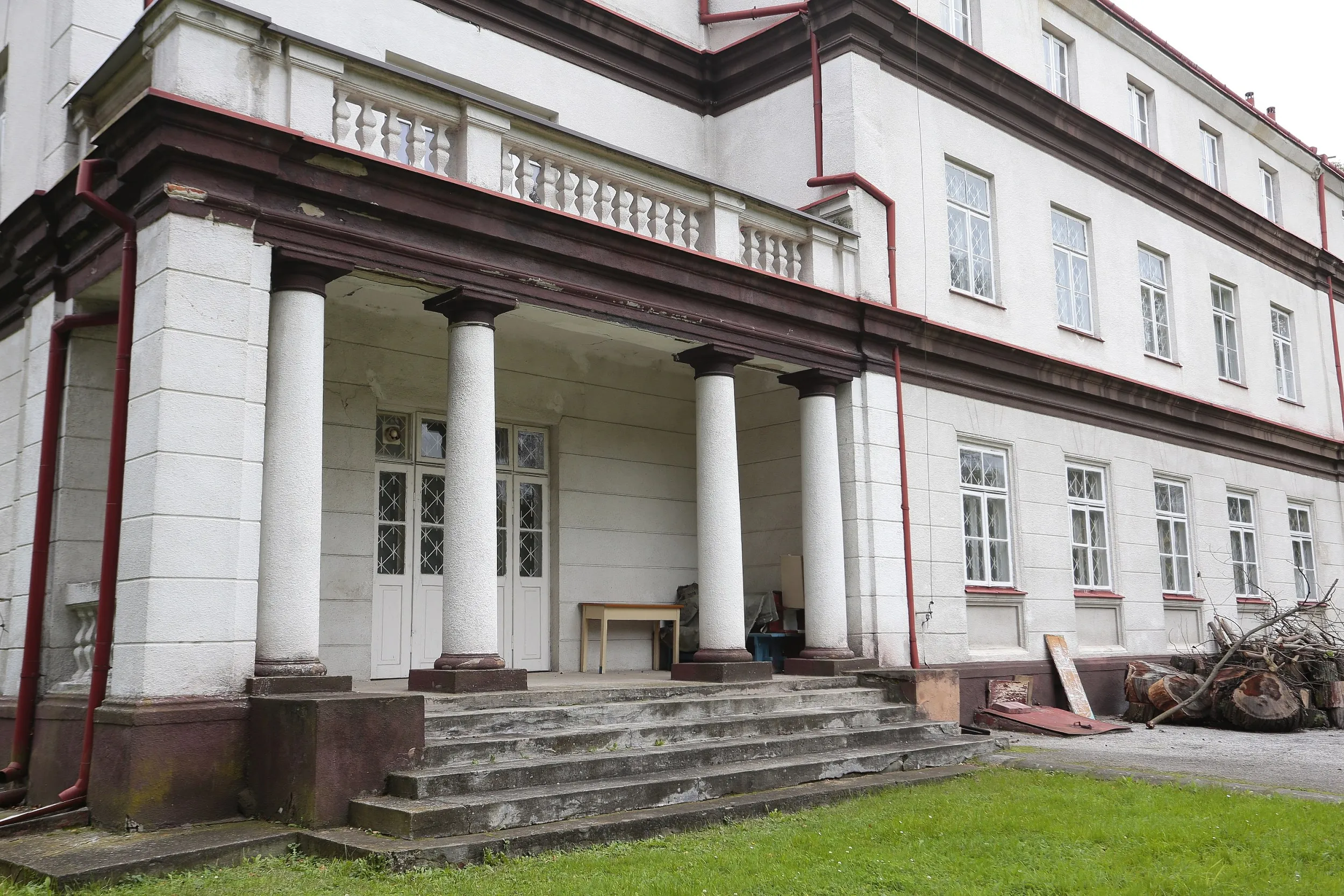 Pałac w Strzałkowie z reprezentacyjnym wejściem. Widoczny portyk wsparty na kolumnach, schody oraz elewacja historycznego budynku.