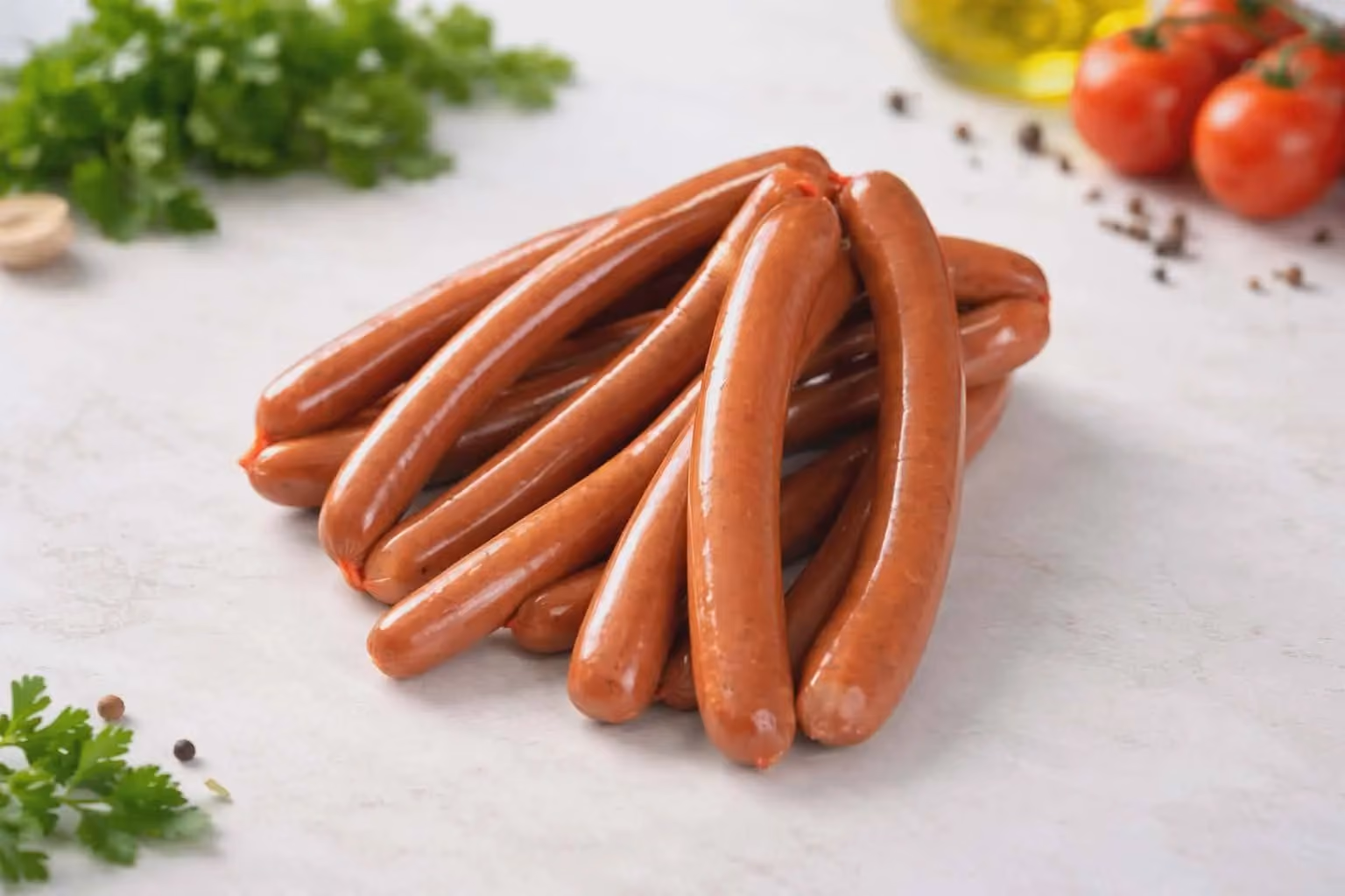 Pęk cienkich kiełbasek na jasnym tle, obok natka pietruszki i pomidory