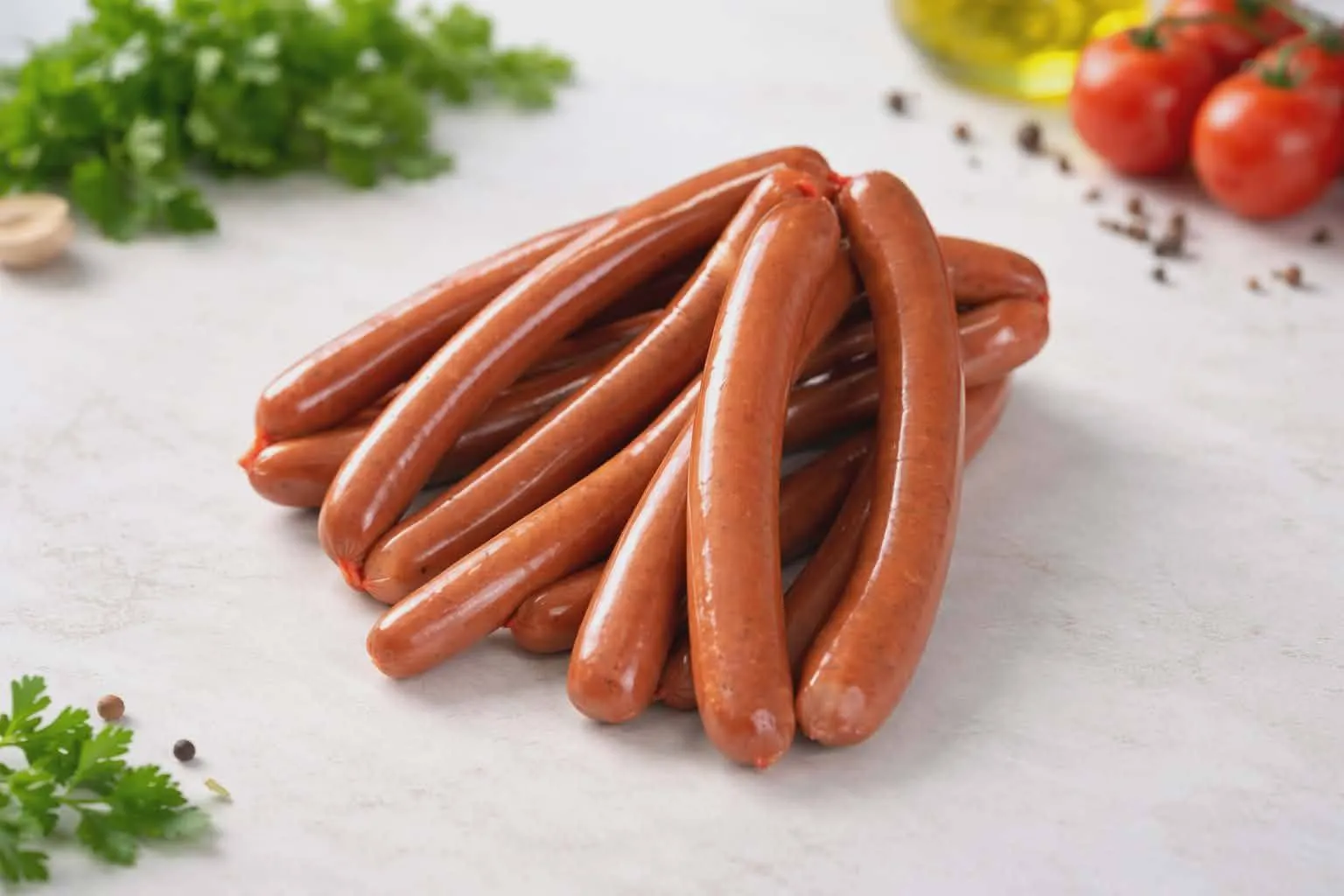 Pęk cienkich kiełbasek na jasnym tle, obok natka pietruszki i pomidory