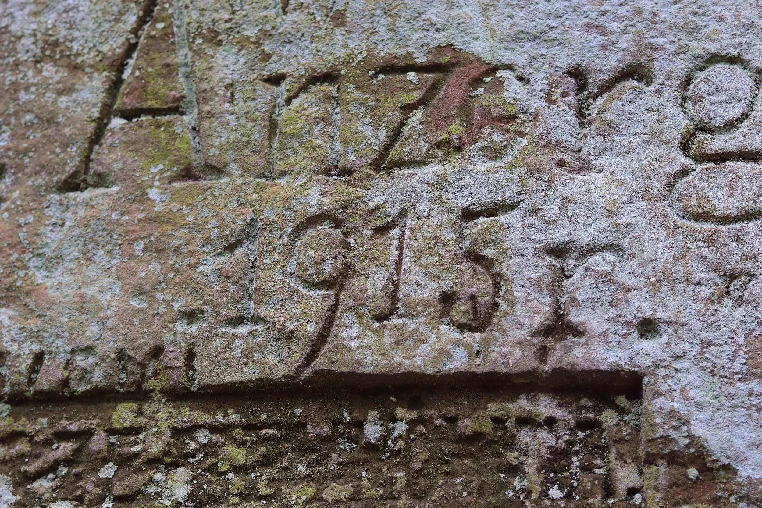 Fragment skalnej ściany z widoczną wyrytą  datą 1915, porośniętego porostami i mchem na terenie rezerwatu „Góra Chełmo”.