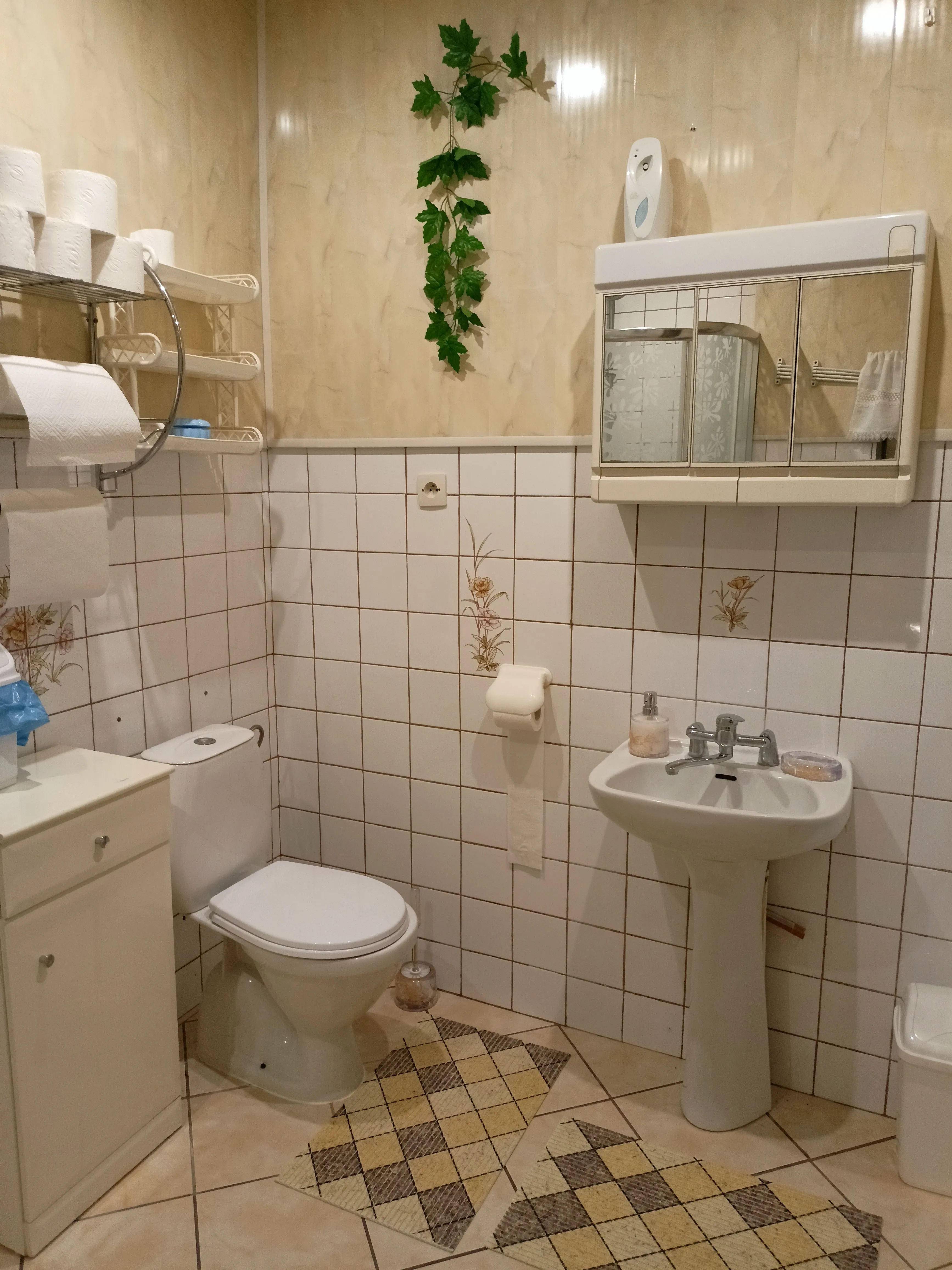 Czysta, wspólna łazienka dla gości wyposażona w toaletę, umywalkę z lustrem oraz podstawowe akcesoria higieniczne.