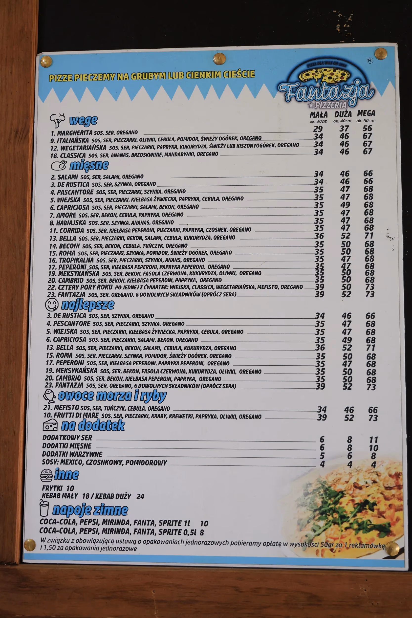 Menu Pizzerii Fantazja w Przedborzu obejmujące pizze, kebaby, dodatki, sosy oraz napoje zimne.