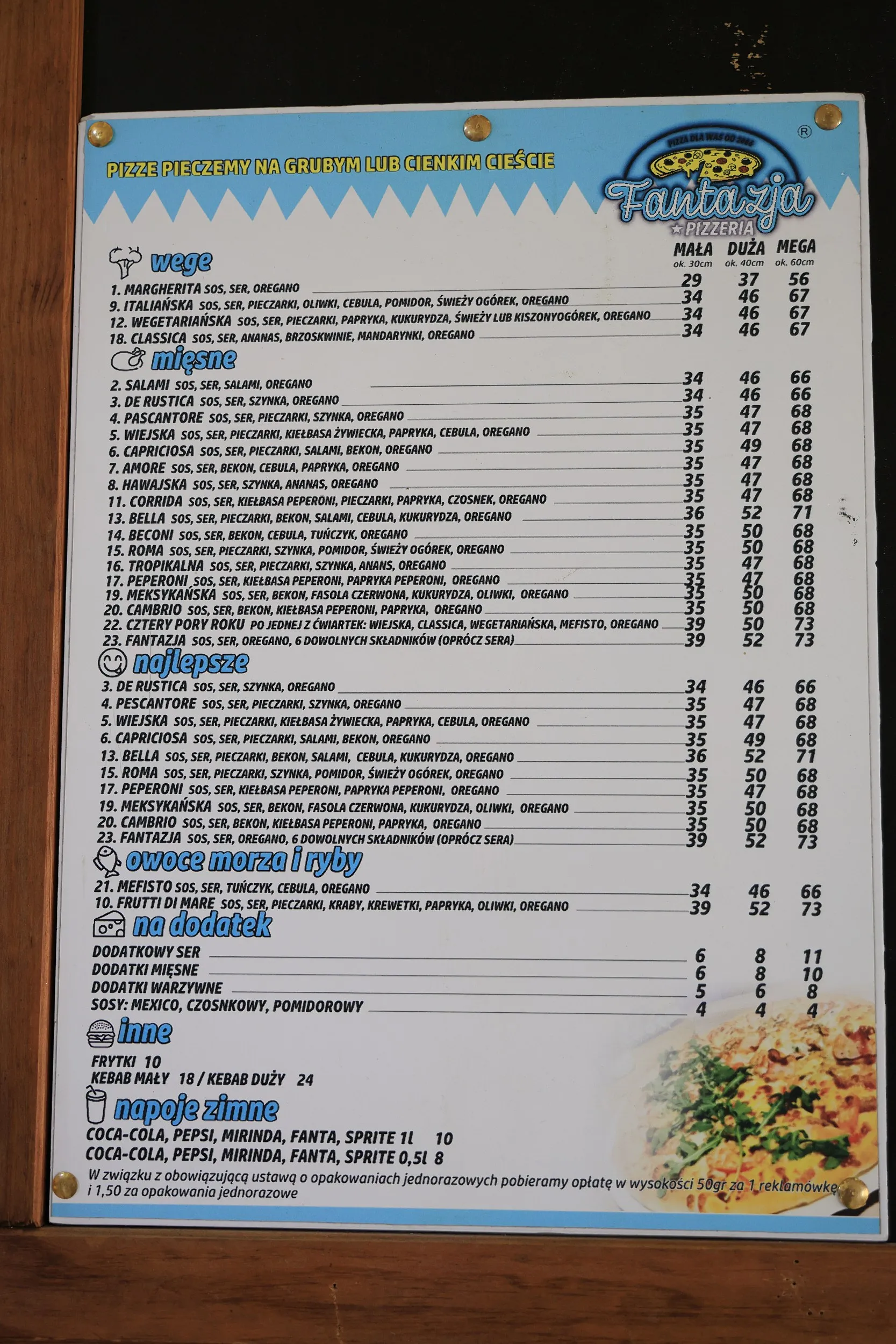 Menu Pizzerii Fantazja w Przedborzu obejmujące pizze, kebaby, dodatki, sosy oraz napoje zimne.