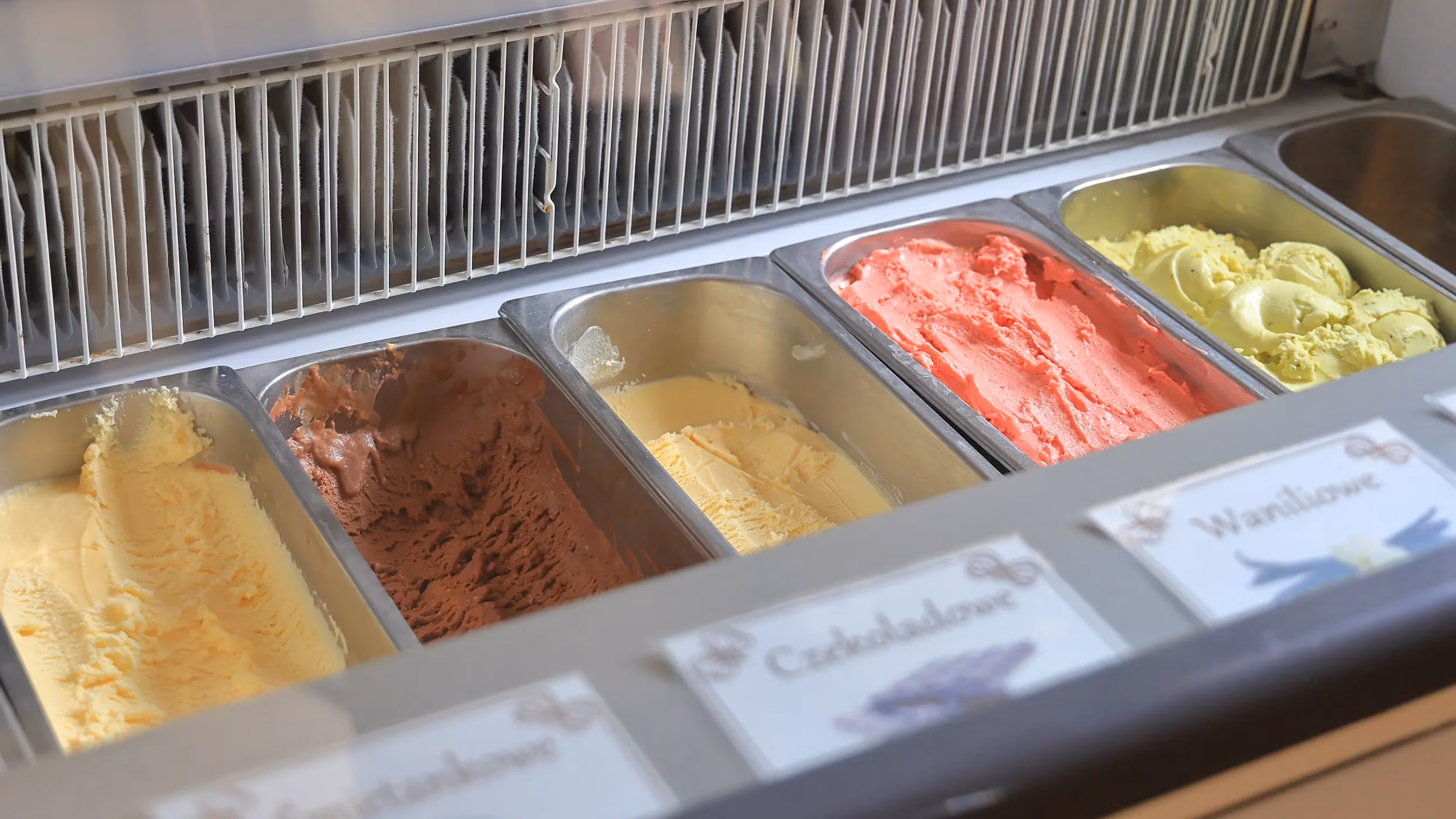 Lody tradycyjne w witrynie chłodniczej lodziarni Moja Dorotka w Przedborzu – różne smaki przygotowywane według rodzinnej receptury.