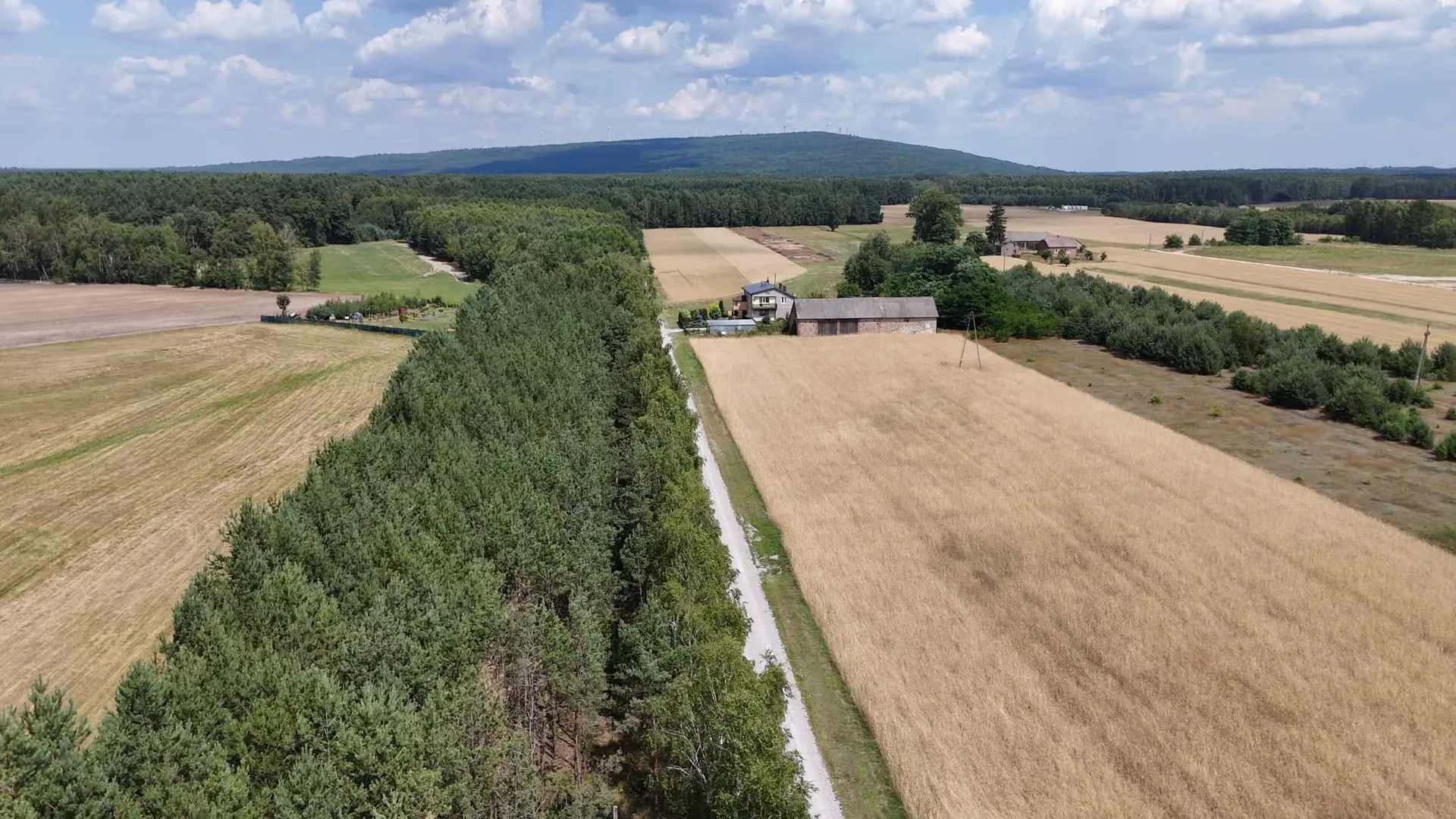 Widok z drona na Powiatowy Szlak Rowerowy biegnący przez tereny leśne i rolnicze. Trasa prowadzi w kierunku zabudowań pośród pól. W tle widać Górę Kamieńską.