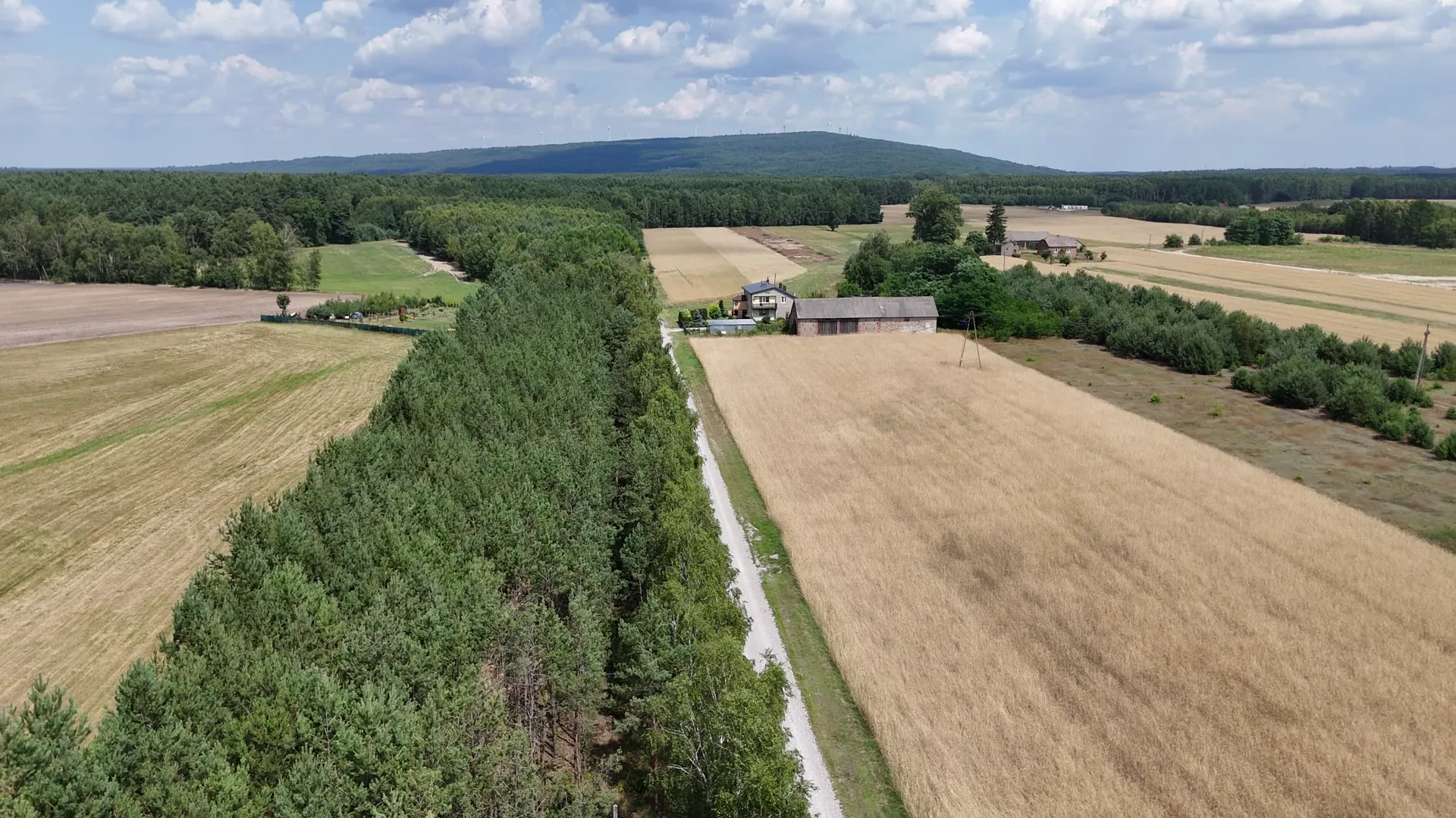 Widok z drona na Powiatowy Szlak Rowerowy biegnący przez tereny leśne i rolnicze. Trasa prowadzi w kierunku zabudowań pośród pól. W tle widać Górę Kamieńską.