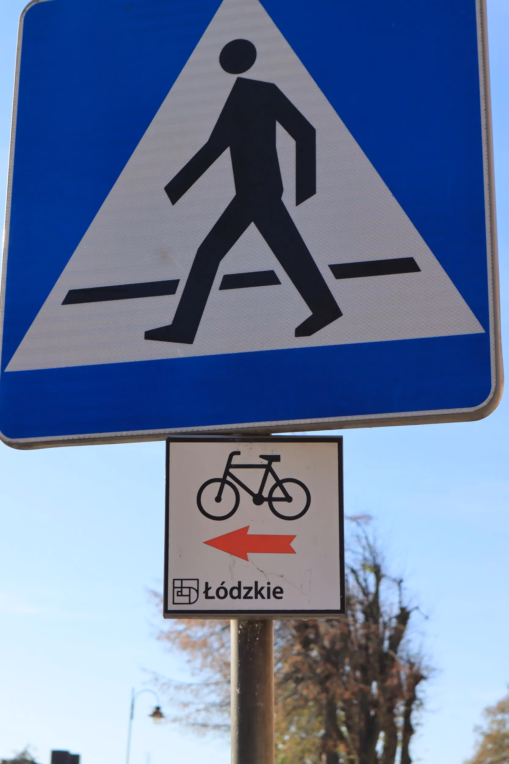 Znak przejścia dla pieszych z tabliczką wskazującą kierunek szlaku rowerowego. Oznakowanie znajduje się przy drodze w terenie zabudowanym.