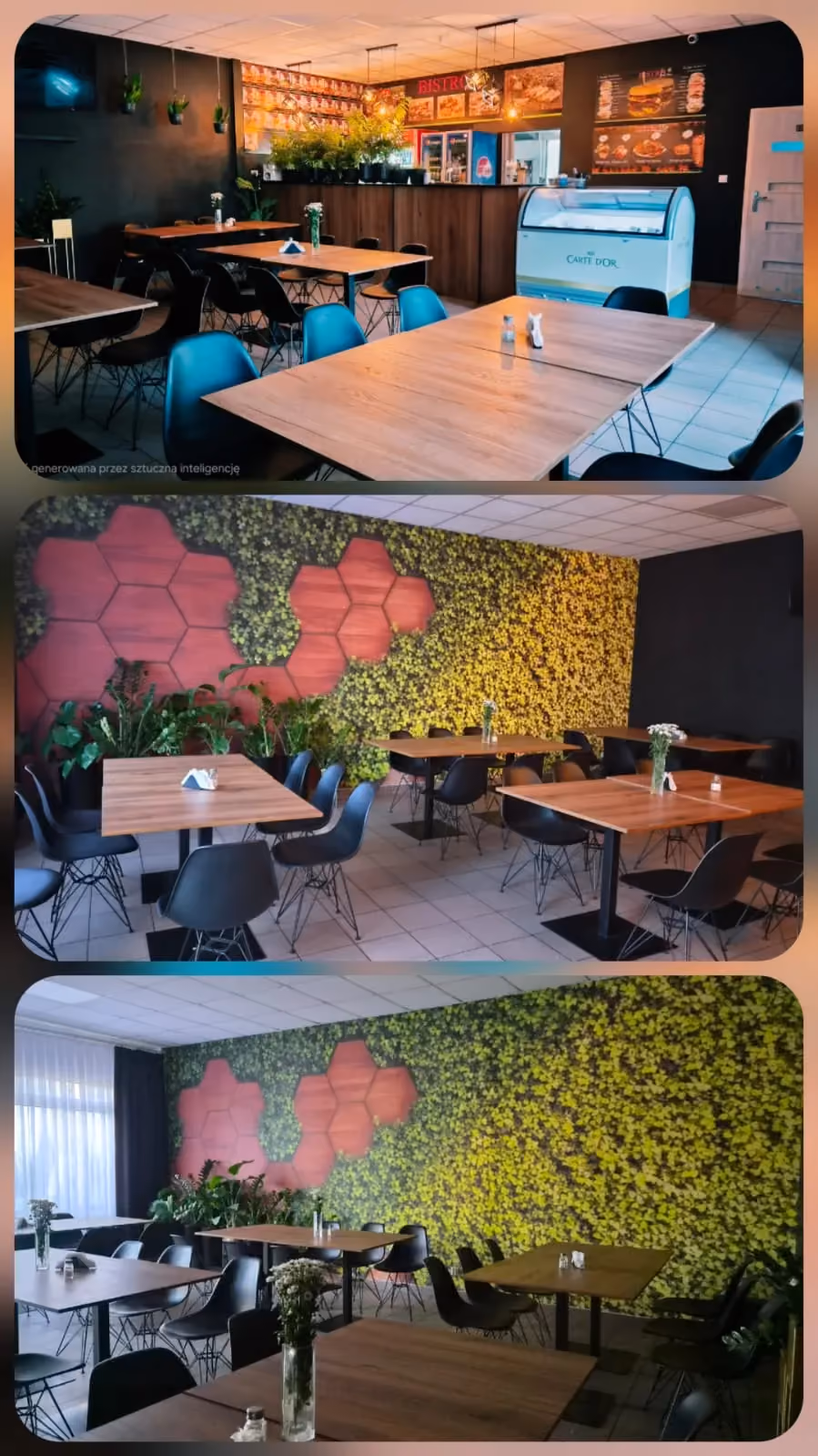 Przytulne wnętrze Bistro Pod Klonem z drewnianymi stołami, zielonymi dekoracjami i częścią gastronomiczną.