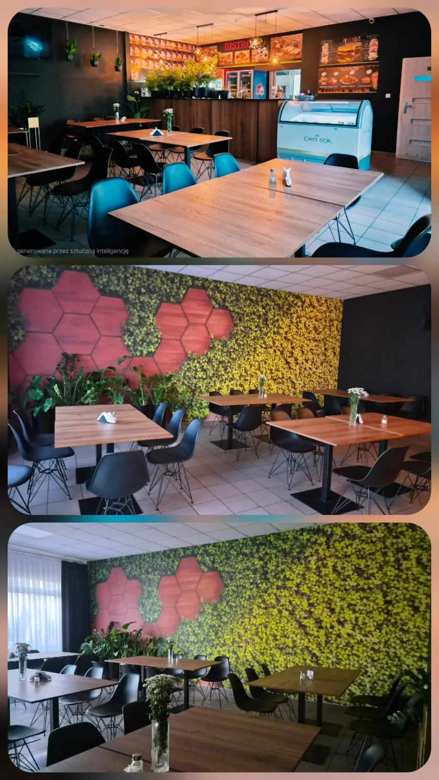 Przytulne wnętrze Bistro Pod Klonem z drewnianymi stołami, zielonymi dekoracjami i częścią gastronomiczną.