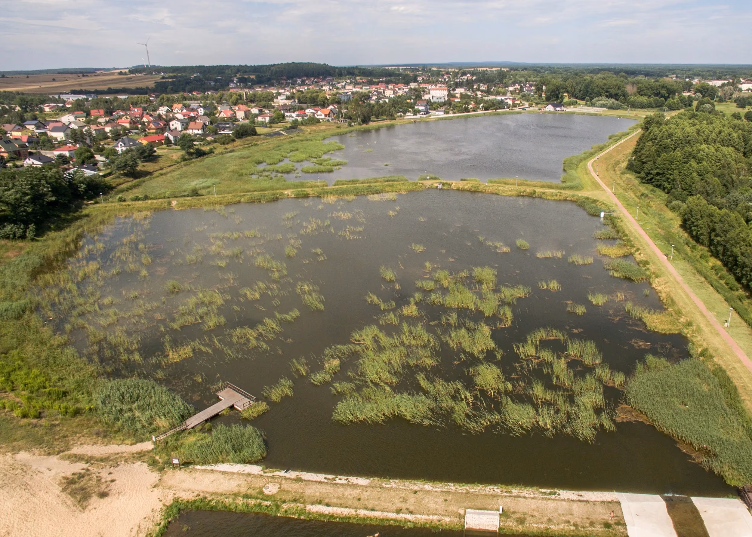 Lotniczy widok na zalew w Przedborzu, trzcinowiska, pomost, ścieżkę nad wodą oraz zabudowę miasta w oddali.